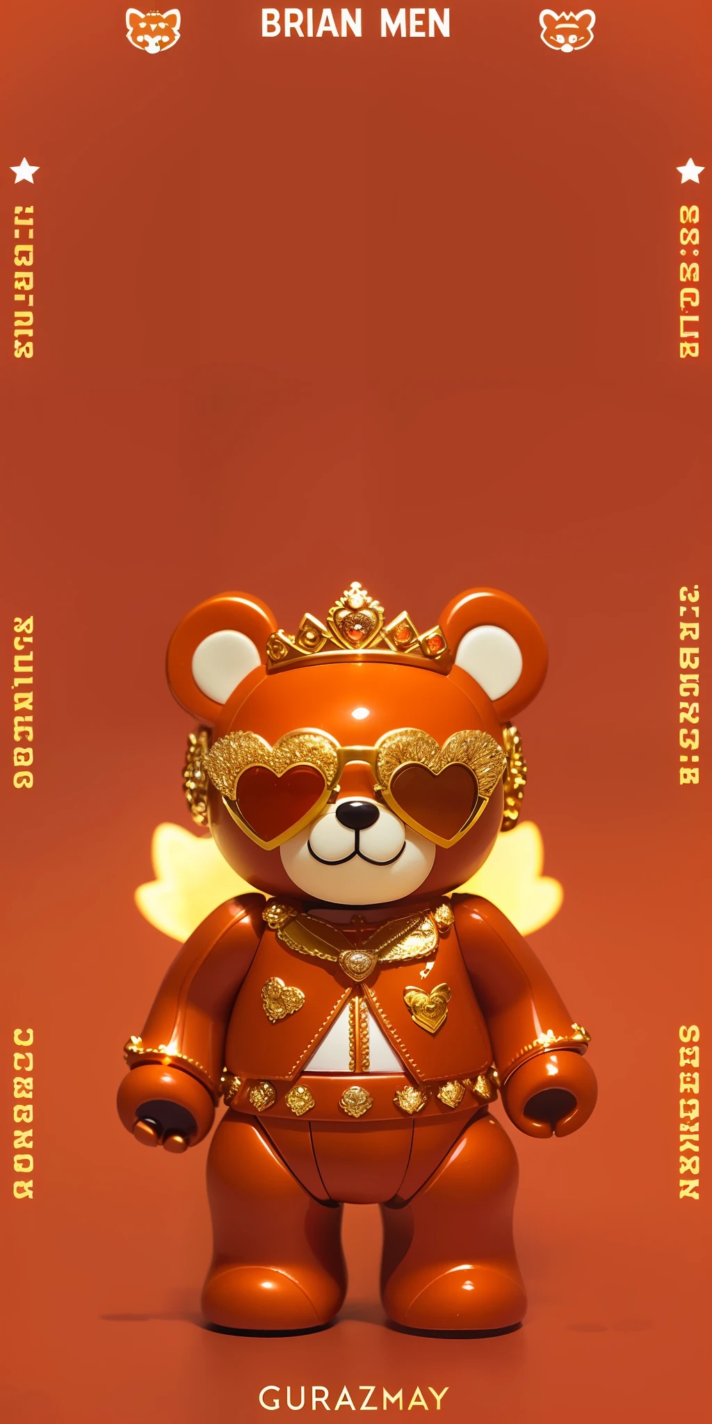 There is a brown teddy bear with a crown on his head, bearbrick, miniature bear, orange metal ears, Cool, amber, Girl, front trading card, queen, cupid, inspired by Michel De Caso, ( bear wearing sunglasses, michael angelo inspired, wondrous, inspired by Jeff Koons, fox wearing a tiara, Inspired by Max Brie, author：Fumi