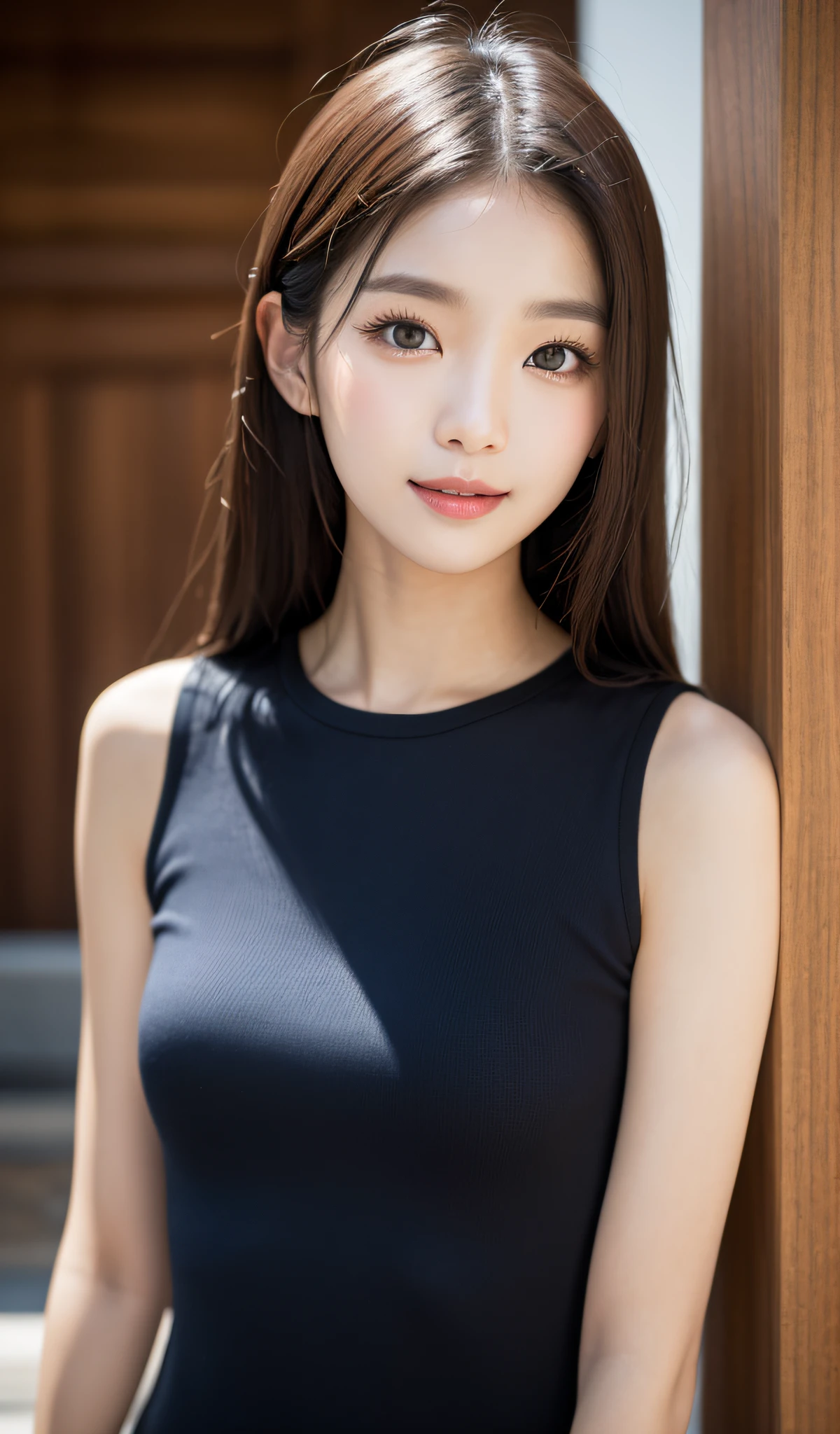 ((best qualtiy、8k masterpieces:1.3))、foco nítido:1.2、(ultra beautiful faces:1.0)、(Slender Abs Beauty:1.0)、(shinny skin:1.0)、photos realistic、A dark-haired、Video Lighting、High-definition eyes and face、Video Lighting、(cowboy shot:1.3)、White swimsuit、(Korean Cute Actress)、from the front side、medium large breasts、A slight smile、Sleeveless