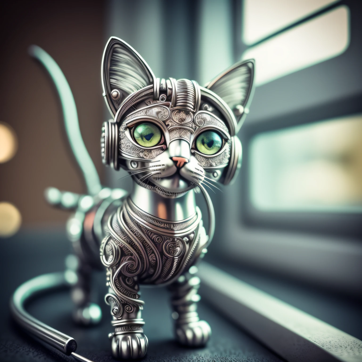a cute kitten made out of metal, (cyborg:1.1), ([tail | detailed wire]:1.3), (intricate details), hdr, (intricate details, hyperdetailed:1.2), cinematic shot, vignette, centered --auto