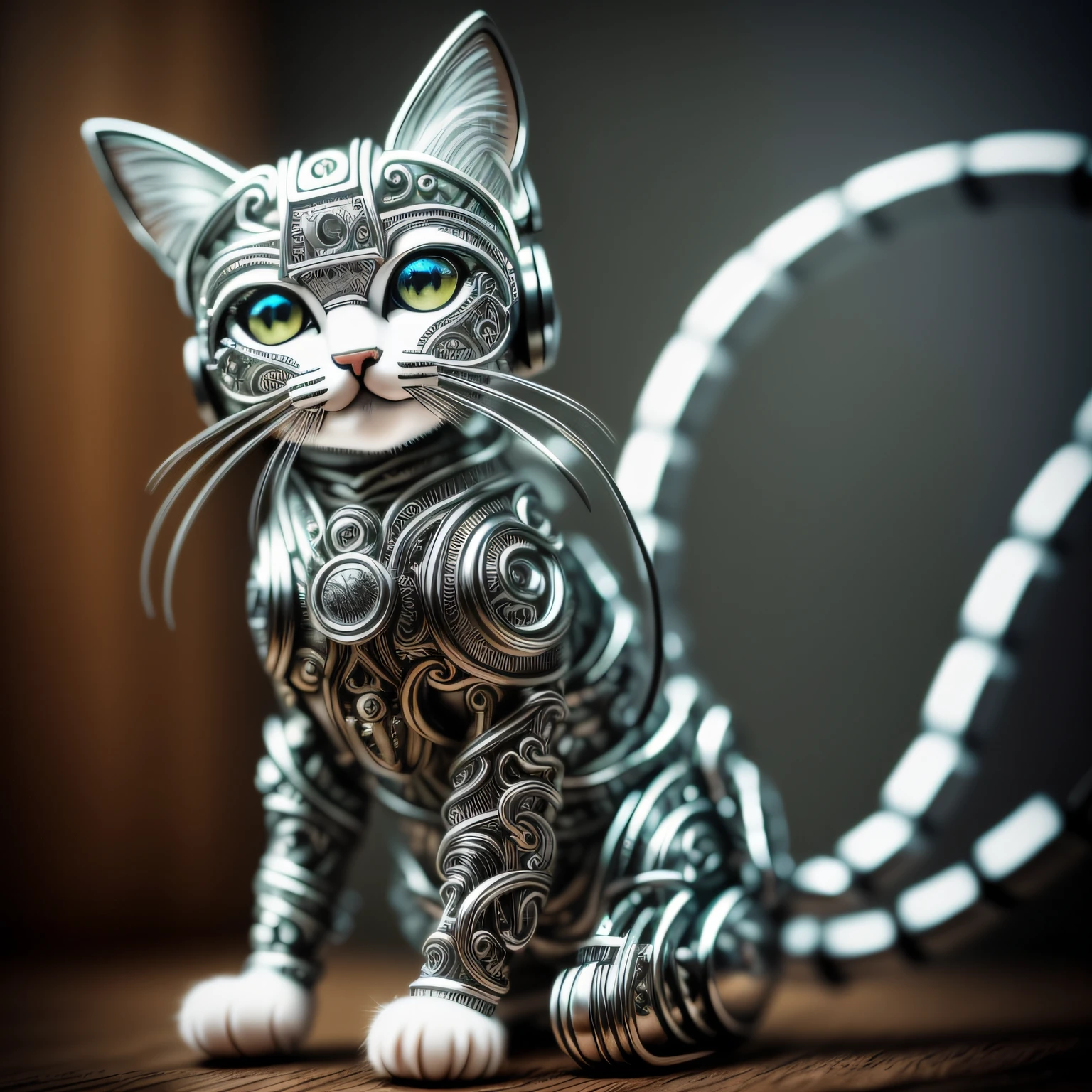 a cute kitten made out of metal, (cyborg:1.1), ([tail | detailed wire]:1.3), (intricate details), hdr, (intricate details, hyperdetailed:1.2), cinematic shot, vignette, centered --auto