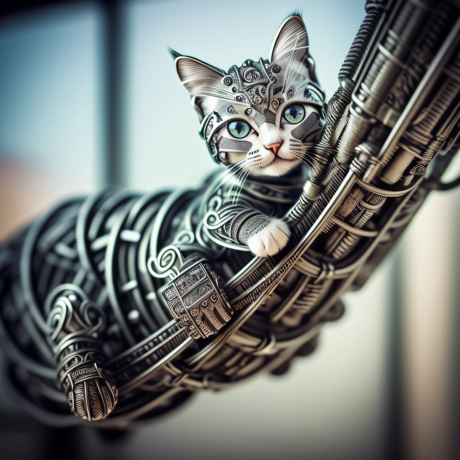 a cute kitten made out of metal, (cyborg:1.1), ([tail | detailed wire]:1.3), (intricate details), hdr, (intricate details, hyperdetailed:1.2), cinematic shot, vignette, centered --auto