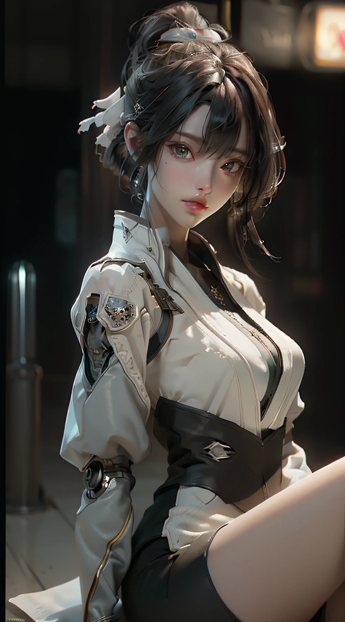 ((Best quality)), ((masterpiece)), (detailed:1.4), 3D, an image of a beautiful cyberpunk female,HDR (High Dynamic Range),Ray Tracing,NVIDIA RTX,Super-Resolution,Unreal 5,Subsurface scattering,PBR Texturing,Post-processing,Anisotropic Filtering,Depth-of-field,Maximum clarity and sharpness,Multi-layered textures,Albedo and Specular maps,Surface shading,Accurate simulation of light-material interaction,Perfect proportions,Octane Render,Two-tone lighting,Wide aperture,Low ISO,White balance,Rule of thirds,8K RAW,