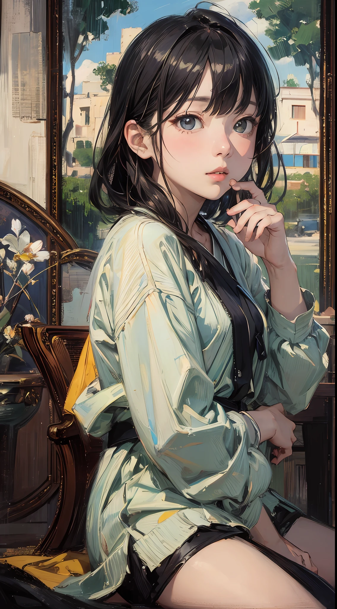 girl with, sitting on, sideshot, (Skysky:1.3), (​masterpiece, top-quality, Near and far law, depth of fields:1.5), florals, Rocky mountain, the woods, beautiful countenance, thighs thighs thighs thighs, frombelow, 8k, Raw foto, absurderes, Impresionismo, (Tom Thomson, Claude Monet, Joaquin Sorolla, James Wilson Morris, Jon Fabian Aluson, Hugh Henry Breckenridge:0.8), HDR, Photorealsitic, film grains, chromatic abberation, hight resolution, ultra-detailliert, finely detail, 动态照明, Dramatic lighting、shadowy、Sharp focus、extremely detailed eye and face、Sharp pupils、Realistic pupils, (((shorth hair)))