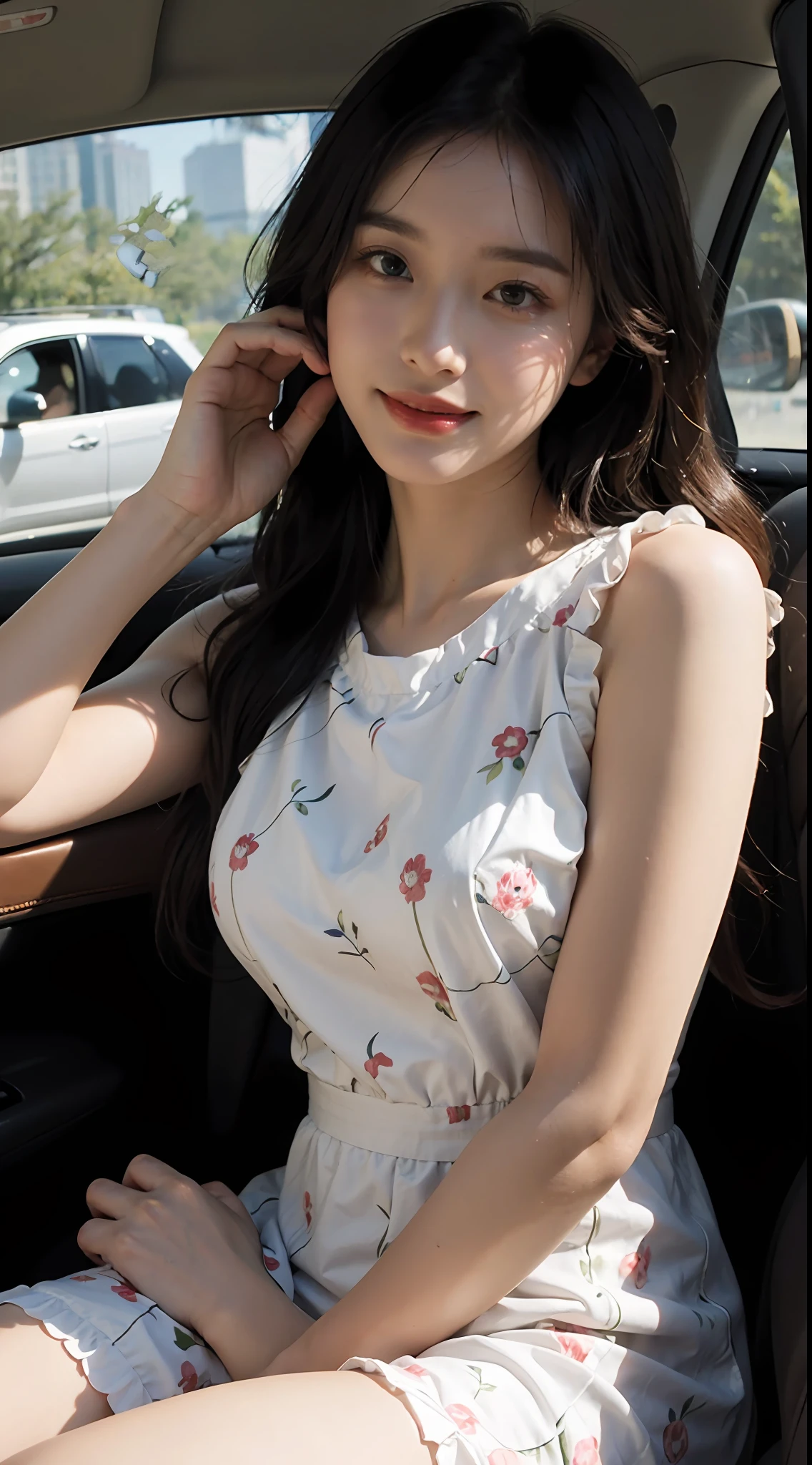 (1 Korean star with royal sister style), ((Best quality, 8K, 巨作: 1.3)), focal point: 1.2, Perfect body proportions: 1.4, (Make a smile),  （Ray traching）,Watery eyes, Highly Detailed Face and Skin Textur, Fine eyes, Double eyelids, (Do it in the car:1.3),Whitens the skin, (wave: 1.3), (face round: 1.5), (Floral dress: 1.4), (black lence stockings: 1.4),(film grain style:1.3)，a sense of atmosphere