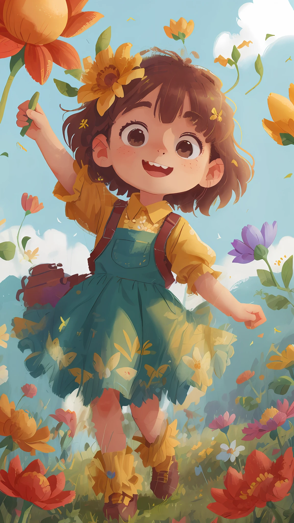 A girl holding flowers, colorful balloons floating in the sky, meadow, dancing, holding flowers, happy, happy, perfect quality, clear focus (clutter-home: 0.8), (masterpiece: 1.2) (Realistic: 1.2) (Bokeh) (Best quality) (Detailed skin: 1.3) (Intricate details) (8K) (Detail Eyes) (Sharp Focus), (Happy)