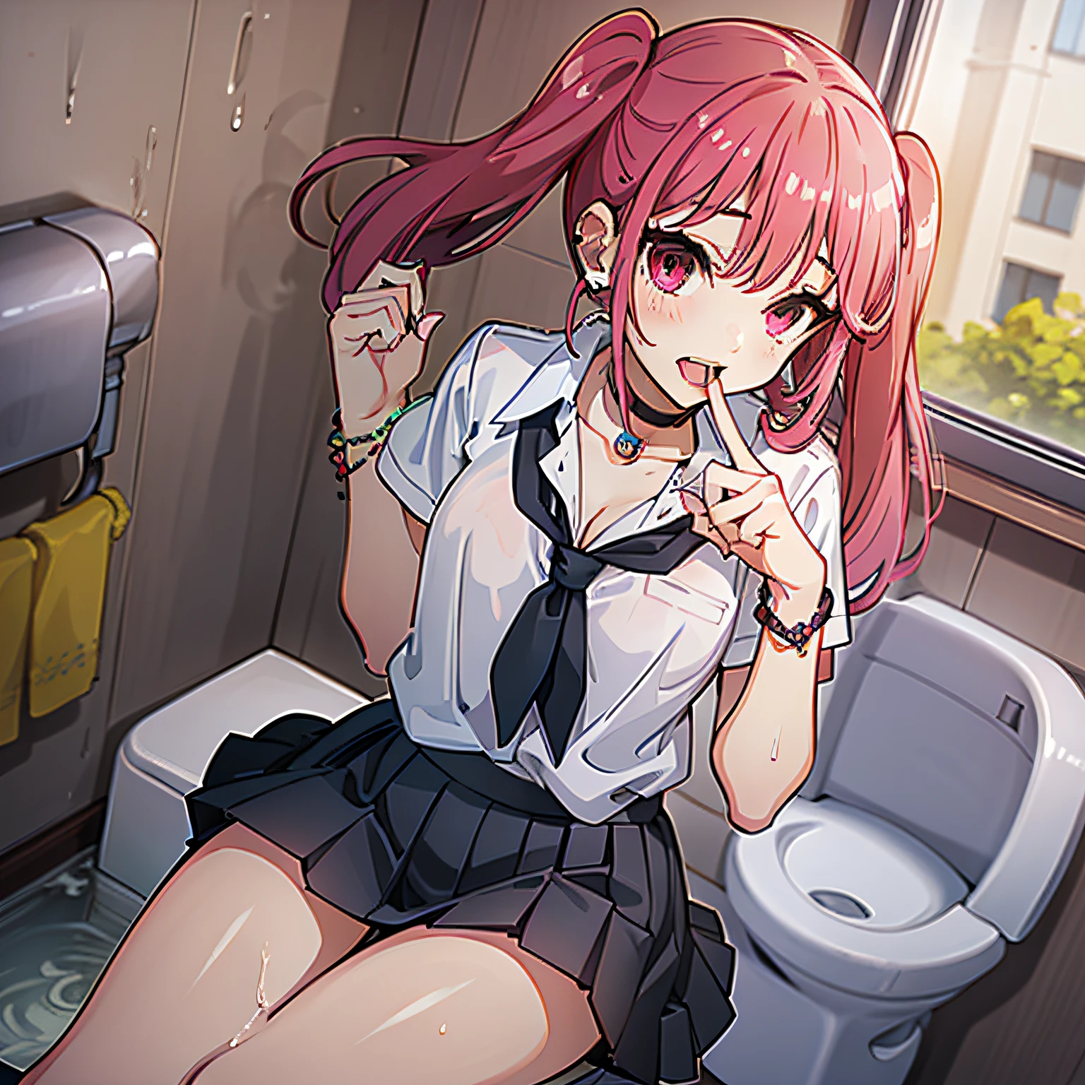 (名傌)、((top-quality))、(super detailing)、1girl in、((Toilet room))、((urinal))、Opening legs、White panties、piece sign、pubick hair、masutepiece, Best Quality, Ayasaki Remi, Red Eyes, Twin-tailed, Open mouth, Upper teeth, uniform, School, High  Girl, Bare legs, sitting at the desk, Black skirt, Red hair, holding books,、15yo sy Legs、student clothes、skirt by the、Akame、piercings、Tongue piercing、droolng、White liquid、Uniforms that get wet、perspiring、Wetty、耳Nipple Ring、piercings、Stud earrings、Black Choker、Loose tie、sockes、serafuku、Beaded Bracelet、Scrunchies on the wrist、long claws、open open mouth、A smile、tiny chest、cleavage of the breast、perfect hand、Hand Details、Fixed finger、up looking_Al_viewer、top-quality、rich detail、Perfect picture quality、