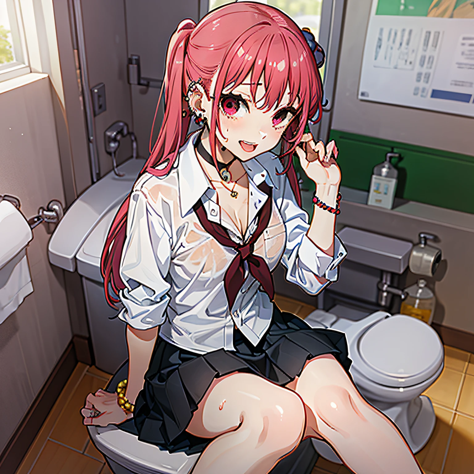 (名傌)、((top-quality))、(super detailing)、1girl in、((Toilet room))、((urinal))、Opening legs、White panties、piece sign、pubick hair、masutepiece, Best Quality, Remi Ayazaki, Red Eyes, Twin-tailed, Open mouth, Upper teeth, uniform, School, High  Girl, Bare legs, sitting at the desk, Black skirt, Red hair, holding books,、15yo sy Legs、student clothes、skirt by the、Akame、piercings、Tongue piercing、droolng、White liquid、Uniforms that get wet、perspiring、Wetty、耳Nipple Ring、piercings、Stud earrings、Black Choker、Loose tie、sockes、serafuku、Beaded Bracelet、Scrunchies on the wrist、long claws、open open mouth、A smile、tiny chest、cleavage of the breast、perfect hand、Hand Details、Fixed finger、up looking_Al_viewer、top-quality、rich detail、Perfect picture quality、