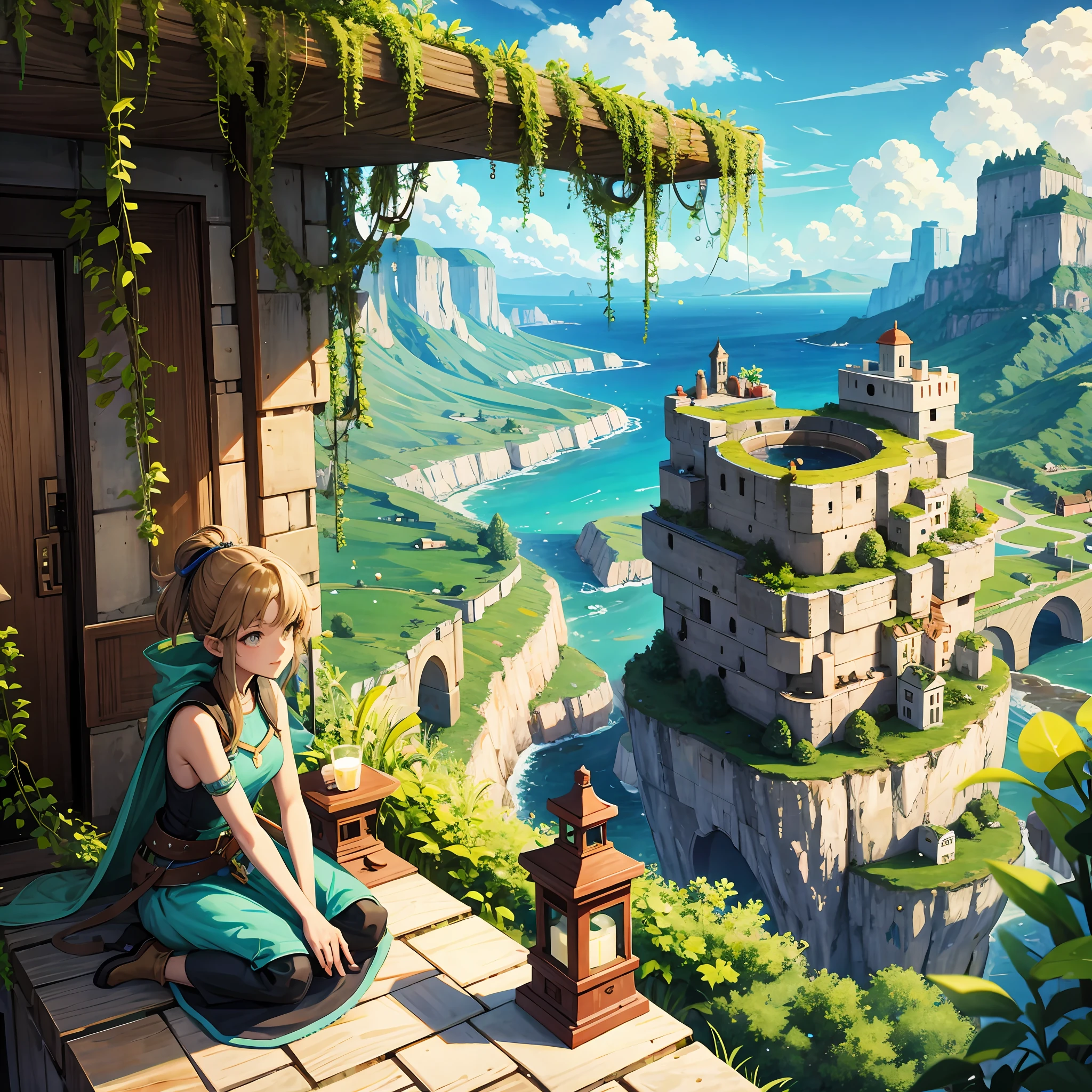 (Pixel-style image，Hilltop watchtower，minecraft villager，minecraft lords，scaled skin，geeen skin，stone golem，stylised，brown tanned skin, Sea background, Original style buildings and orc buildings, Block shape，water vapour，Copper oxide green，Twist the meadow，radishes、celery、chili pepper，Quartz ore，Steve:1.2，construct:0.8)Best quality at best，ultra - detailed --auto