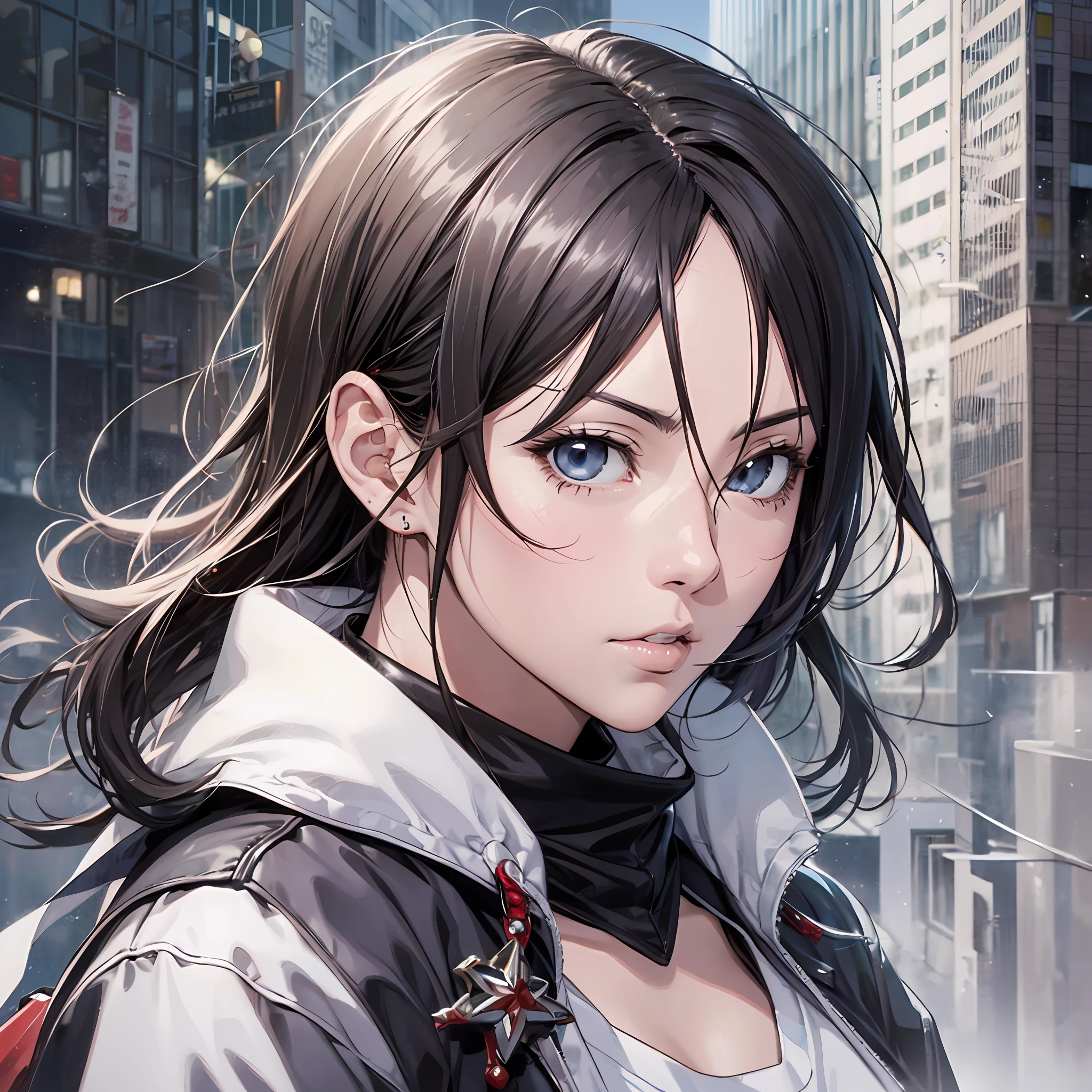 Realistic Potrait of Rukia Kuchiki, art by Tite Kubo, in the City of Tokyo, High Resolution --auto --s2