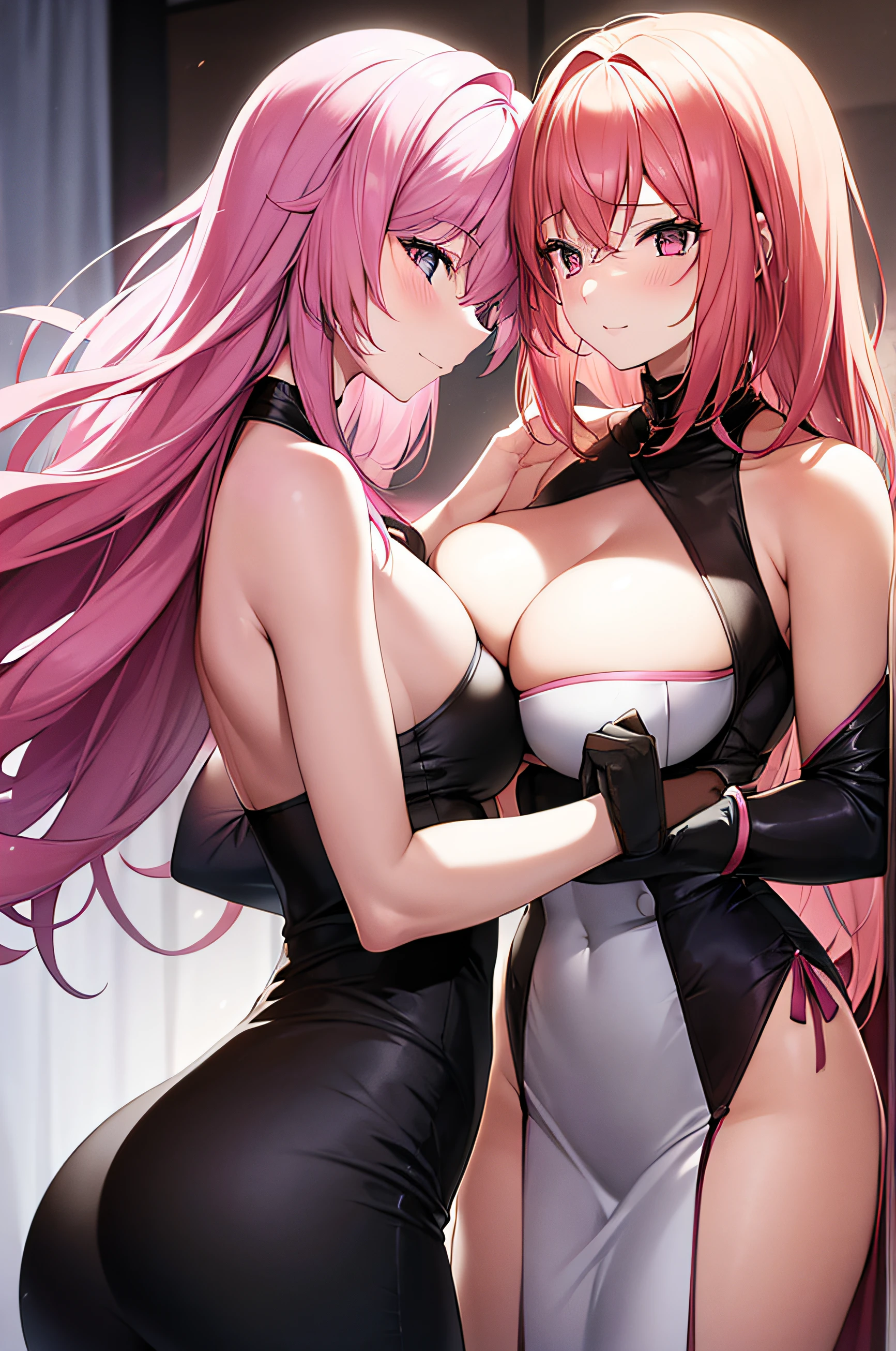 2girls,Pink hair,Rubbing each other's breasts