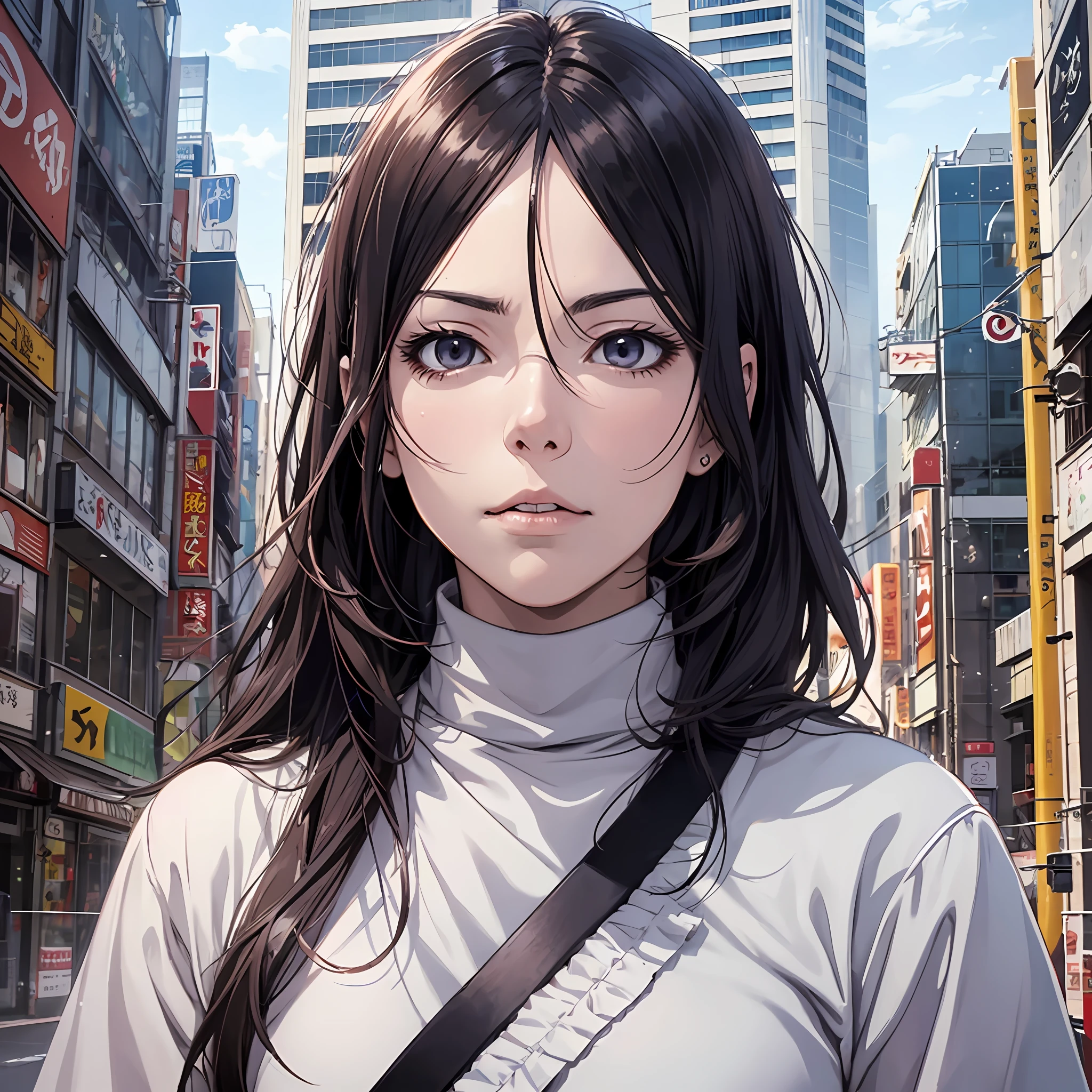 Realistic Potrait of Rukia Kuchiki, art by Tite Kubo, in the City of Tokyo, High Resolution --auto --s2