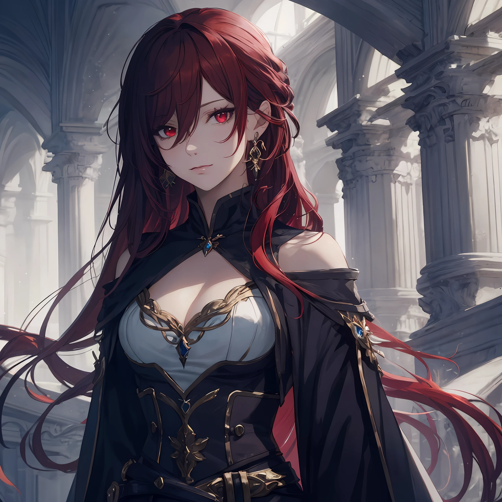 masterpiece, best quality, 1woman adult, female focus, solo, red hair, vibrant red eyes, long hair with fringe, looking at viewer, closed mouth, bangs, Fantasy aesthetics, fantasy earring, Highly detailed, shadowverse style, white attire, sorceress