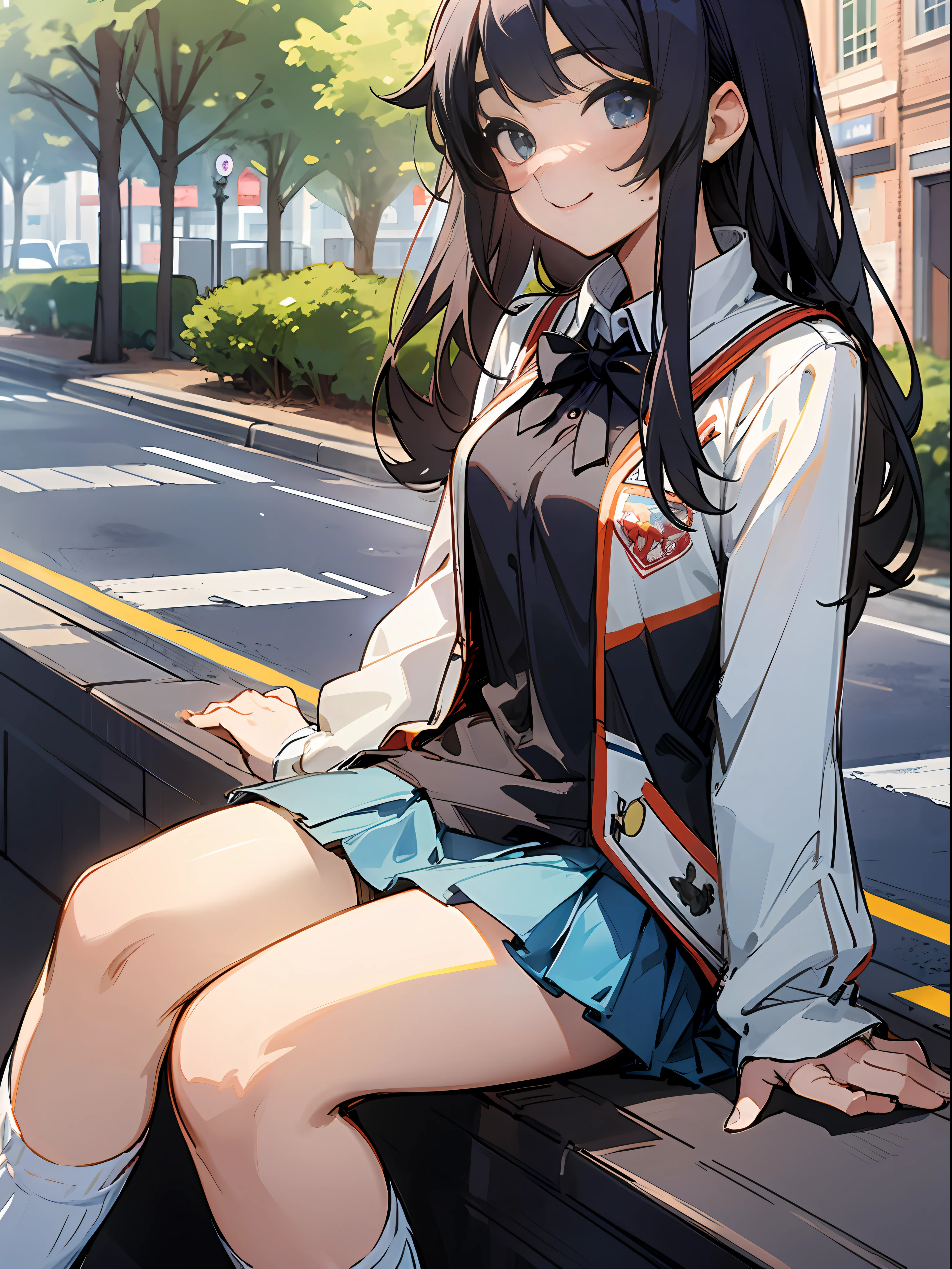 Masterpiece,hyper quality, Hyper-detailing,Perfect drawing,Solo, Kogal、Black Gal、High 、student clothes、a miniskirt:(0.8)、Turn、(Panties in full view)、Suntan skin:(1.5)、Pretty smile、Sunburn marks:(1.5)、(((Buggy socks))))、lowfers、School route、Street Trees、beatiful backgrounds、Detailed drawing、Accurate drawing