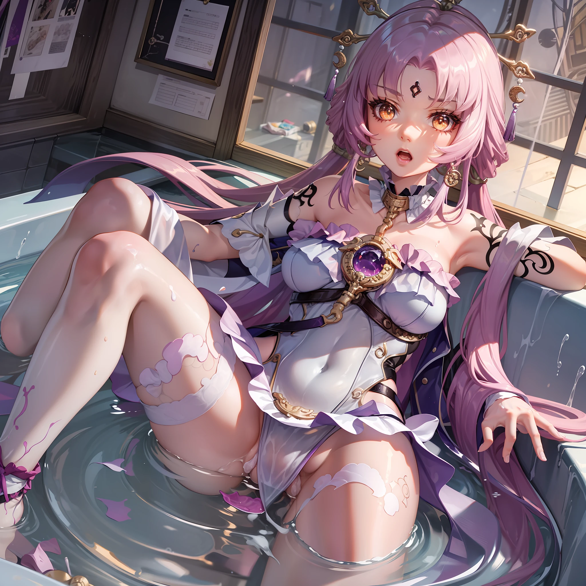 A beautiful girl,There are tattoos on the hands,Wrap in a bath towel,in bathroom,Wet all over,legs are open,Hot body,Sexual suggestiveness,Clear bath towel,pussy juice,Diarrhea ditch,Succubus Pattern,Not audited,Expose the lower body,Condom in hand,does not wear panties