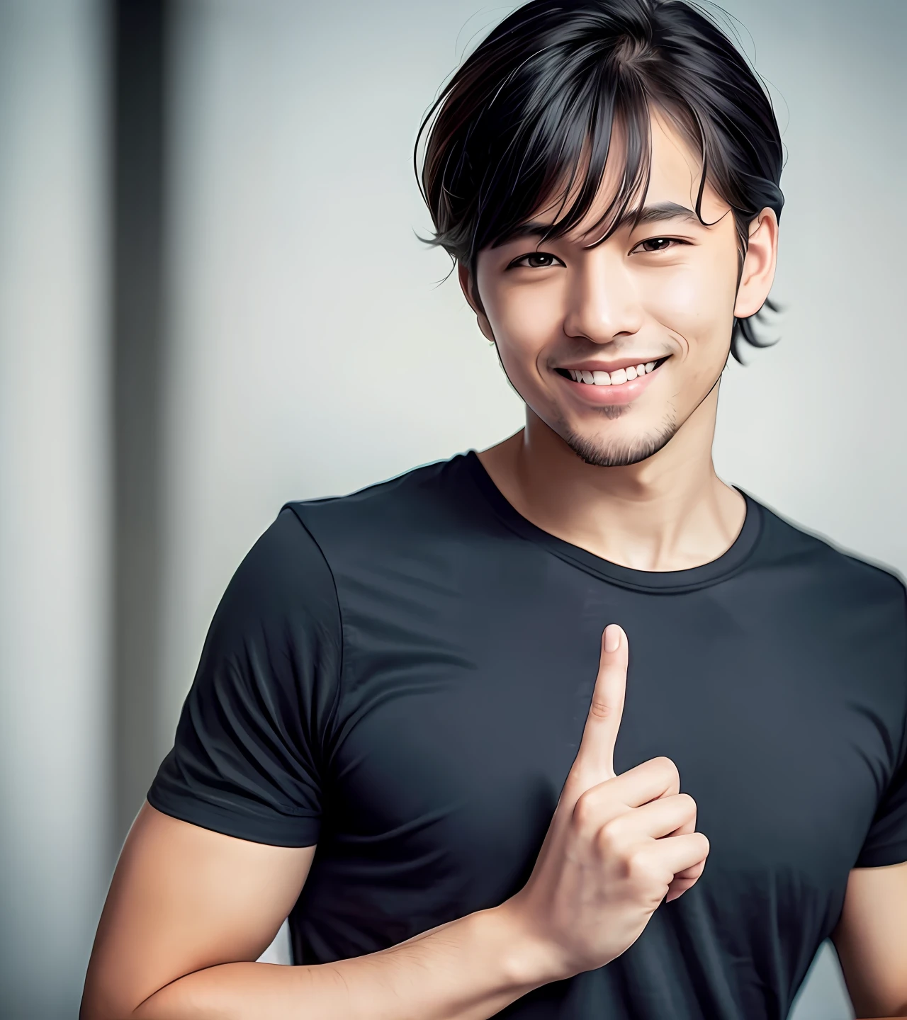 Smiling asian man in black shirt pointing at camera, Asian Male, young man with beautiful face, handsome chad chin, a handsome man,Black short hair, Inspired by Adam Dalio Kiel, attractive male, handsome young man face, Handsome men, perfect handsome face, handsome and attractive, handsome attractive face, Beautiful young man, attractive man
