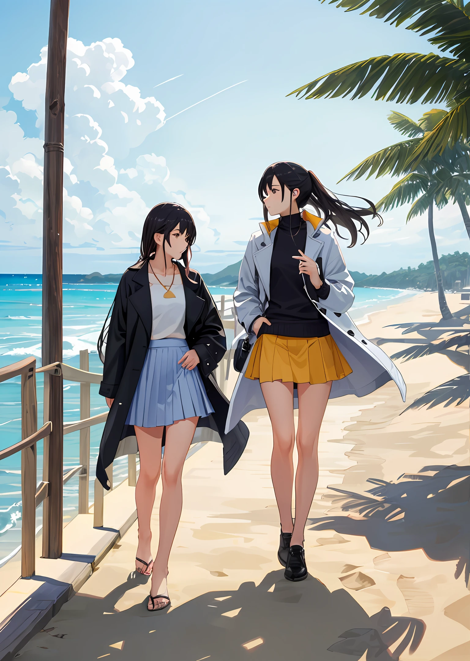 beachside,Wear a coat,expose feet,High resolution,tmasterpiece,wearing short skirt,long whitr hair,Kizi,taking a walk,