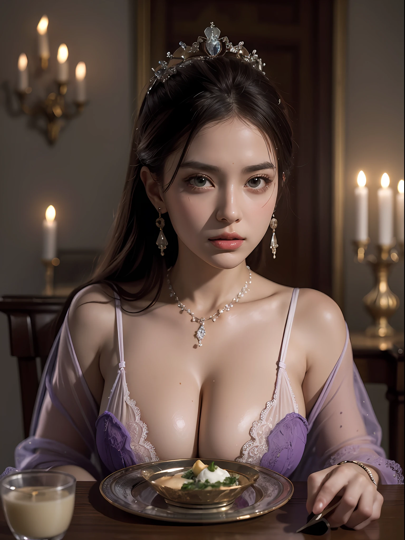 Inside the Baroque style dining room, 1 european 25 y. o. woman sitting at the table and having dessert, opening mouth to eat, in antique armchair, in front of her glass of wine, candlesticks with candles in background, soft blurry front light, jewels, pendant made of glass, perfect face, rule of thirds, stunning green eyes, short ponytail hair, highly detailed blonde hair, proportionate physique, elegant antique environment, in the background columns and statues made of glass, in18th century Baroque style darkened room, antique furnitures, beautiful princess，perfect face, beautiful face, perfect female body, mature female，crown，sexy purple lace gossamer cloak，sexy purple lace gossamer coat，sexy purple lace gossamer shawl，sexy purple gossamer skirt，sexy purple lace underwear，sexy purple lace thong，purple lace gloves，stockings，necklace，earrings，single eye glasses，jewels，jewelry，head ornaments，hands ornaments，legs ornaments，high heels，huge breasts，large breasts，big boob，Burst breasts，Big breasts，Plump breasts，Expose breasts，bare breasts，Narrow waist，Bare ass，big ass，bare belly，bare navel，wet，wet body，sweating body，shiny skin，pubic hair，draperies, bokeh, glow, reflections, soft light rays, neutral colors, insanely intricate details, amazing fine detail, photorealistic, hyperrealistic, lifelike texture, dynamic composition, contrast lighting, cinematic lighting, filmstill, sharp focus, wide angle, ((great depth of field)), raw photo, photon metering, dslr, 8k, ultra high res, hyper detailed, Award - winning photograph, Masterpiece, photography with Hasselblad, f5.6 lens 500mm, Kodak Portra 400 4x5,