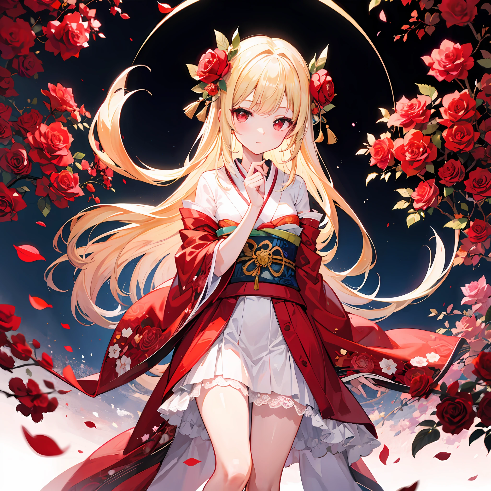 One blonde girl、red eyes、Bright red kimono、Rose field