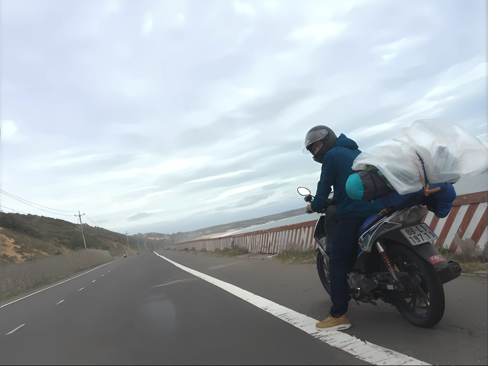 there is a man riding a motorcycle down the road with a large bag on his back, riding on the road, riding a motorbike, on a road, road to the sea, standing bravely on the road, riding a motorbike down a street, riding a motorcycle, motorbiker, motorbike, tsunami behind him, touring, long road, lonely rider, near the sea