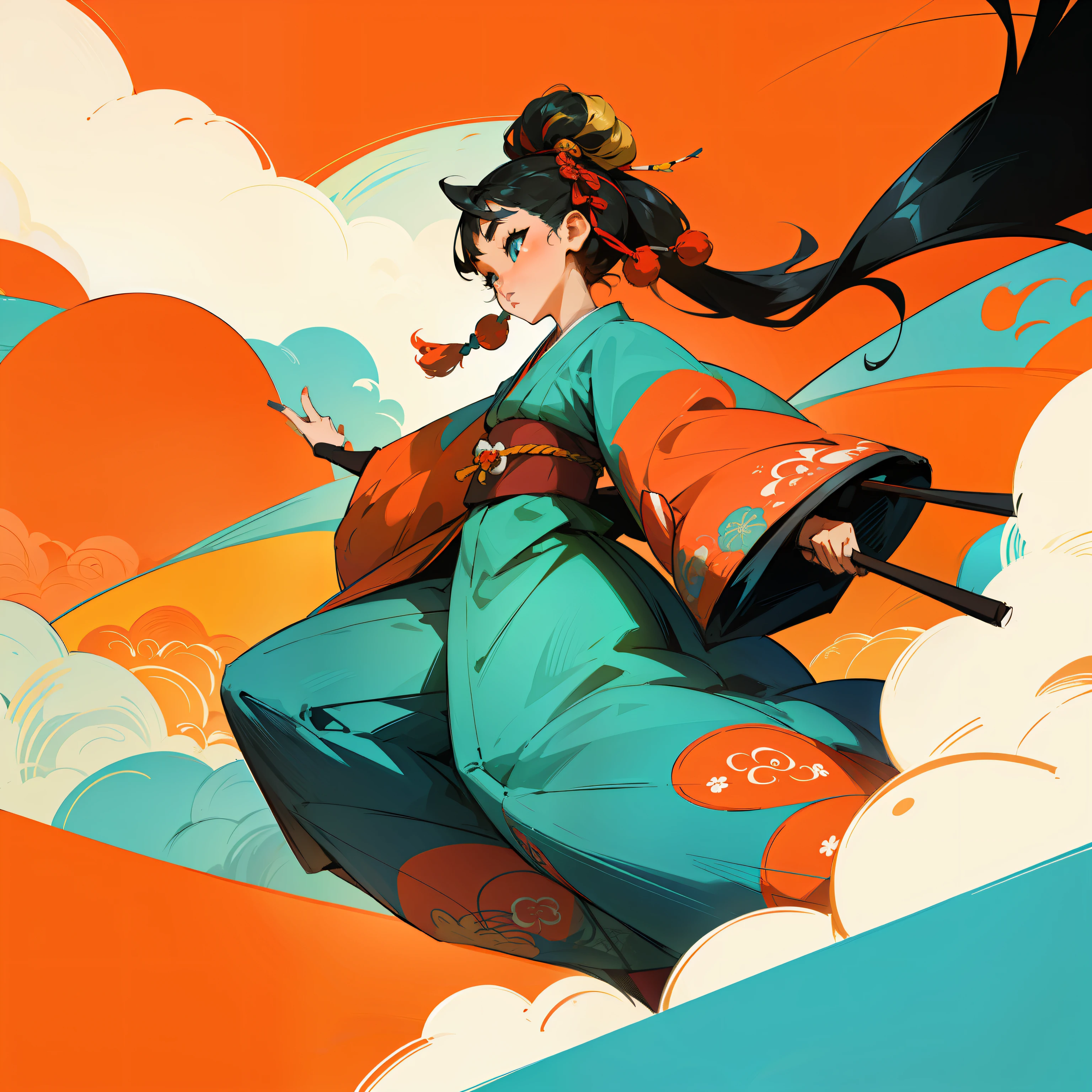 Japanese vintage character illustration,Maximalism,vibrant with colors,Flat coating,Flattening --auto