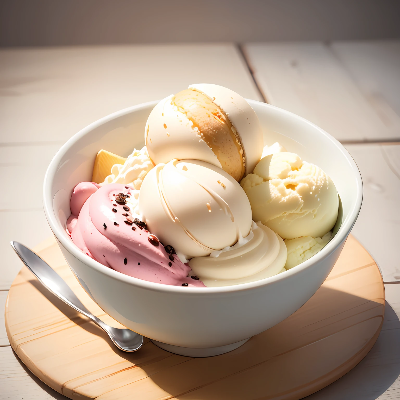 high end photography, digital painting, ultra clean high definition, a bowl of ice cream, white background, 45 degrees view --auto