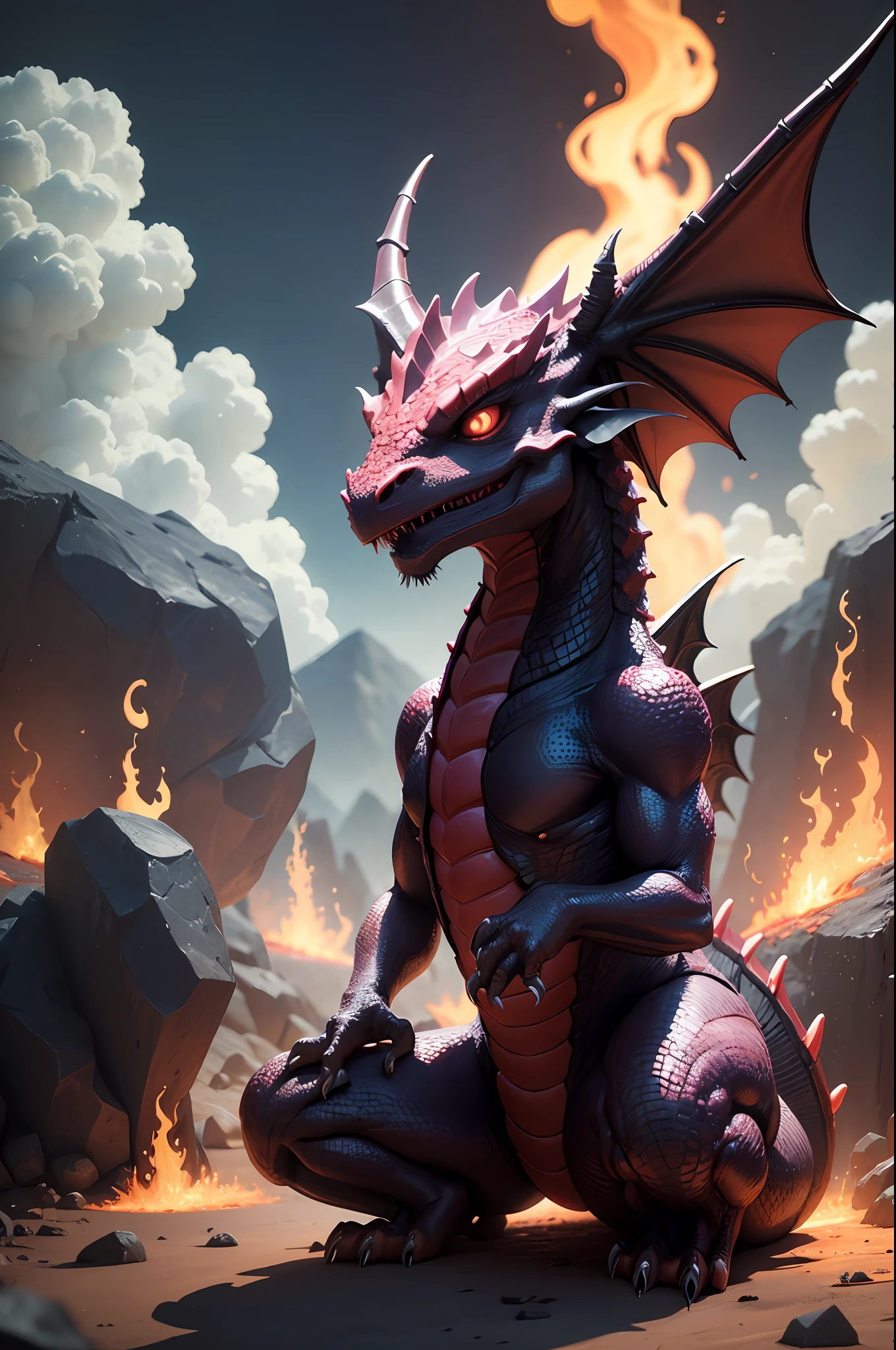 (a dragon) The entire dragon is surrounded by magma, as if it erupted from the ground. Demons here perform mystic rituals and emit,3d rendered,very high definition,high detail,8k,cinematic lighting,super high resolution,game asset masterpiece,best quality,toon,pixar style,simple design,mini sense,crossover of animals, 1 building, 3d, clean, aubergine and coral, --s 2