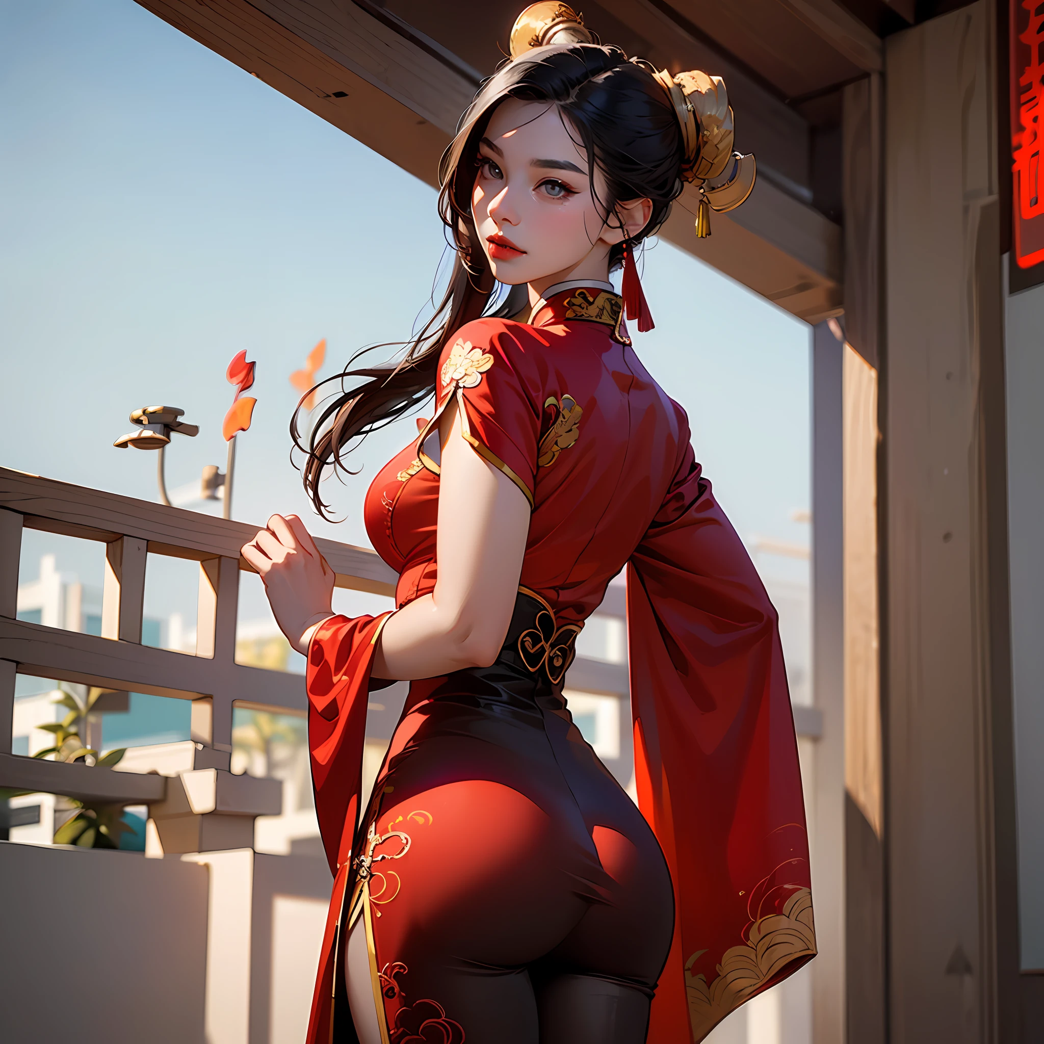 (hyperrealistic), (illustration), (high resolution), (8K), (extremely detailed), (best illustration), (beautiful detailed eyes), (best quality), (super detailed), (masterpiece), (wallpaper), (detailed face), solo, adult female, Chinese, hot body with red qipao, sexy lips, big boobs, big ass, walking, turn her ass at viewers,