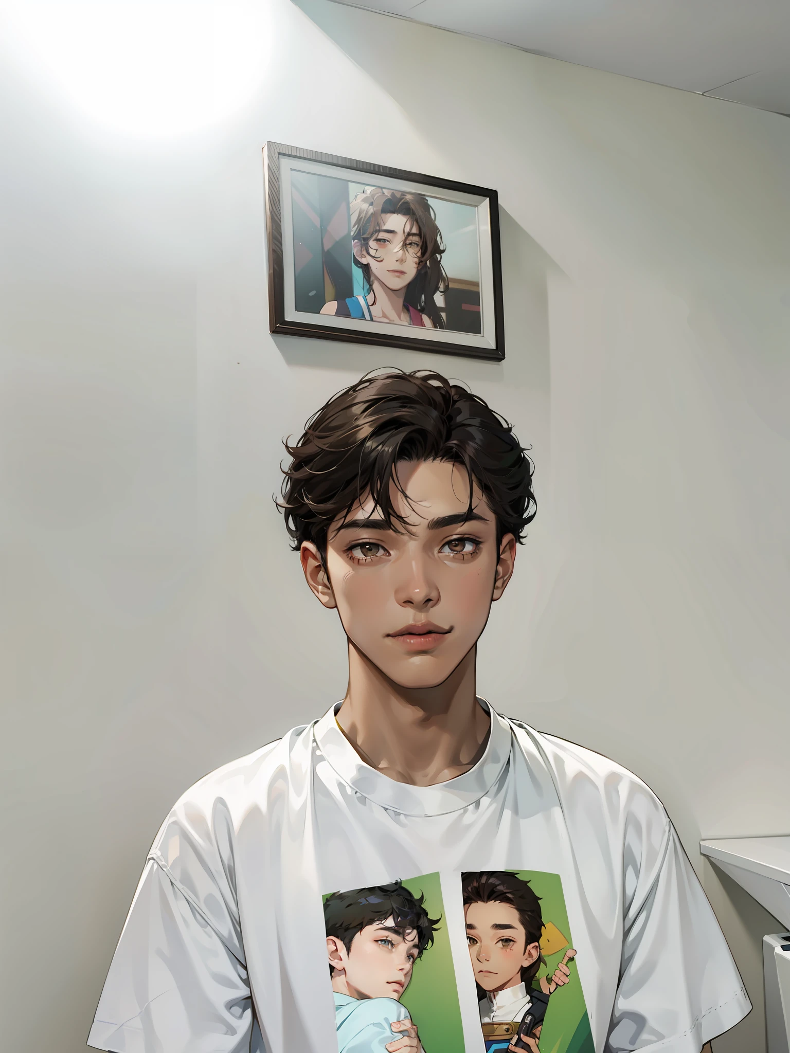anime boy, brown skin, black short wavy hair, brown eyes, coy smirk, 18 year old