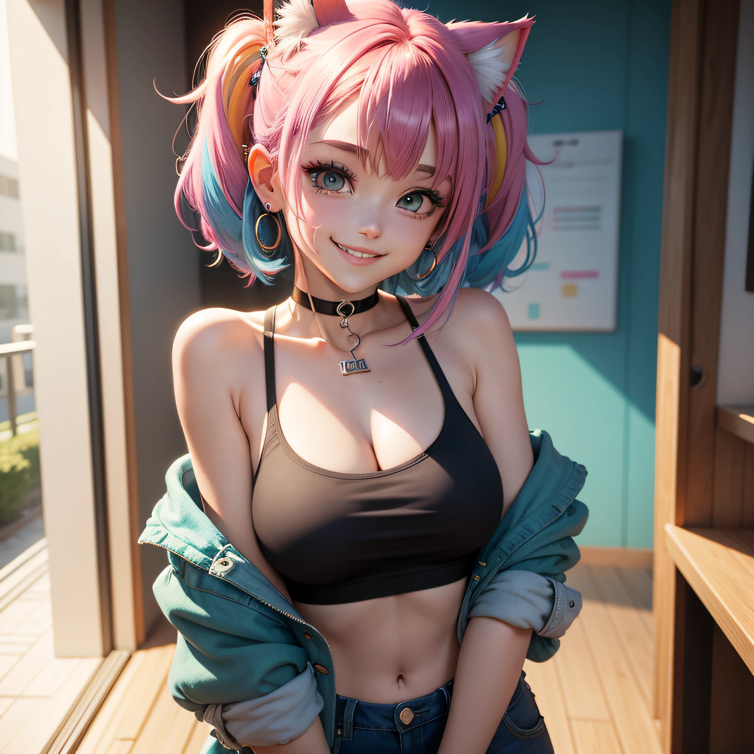 Cartoon girl with colorful hair, Hairpin, hair bobbles, anchor choker, Earrings, Smile, grin, Bright pupils, ahoge, Parted bangs, hair over shoulders, hair over shoulders,Bare shoulders，Breast nipple upper body photo，Hairpin, hair pin, Hair ribbon, hair bobbles, aqua eyes, Cat ears, Smile, grin, parted lip, Shy, modern, Realism, Ray tracing, 8K, Super detail, ccurate, Best quality, Masterpiece --auto