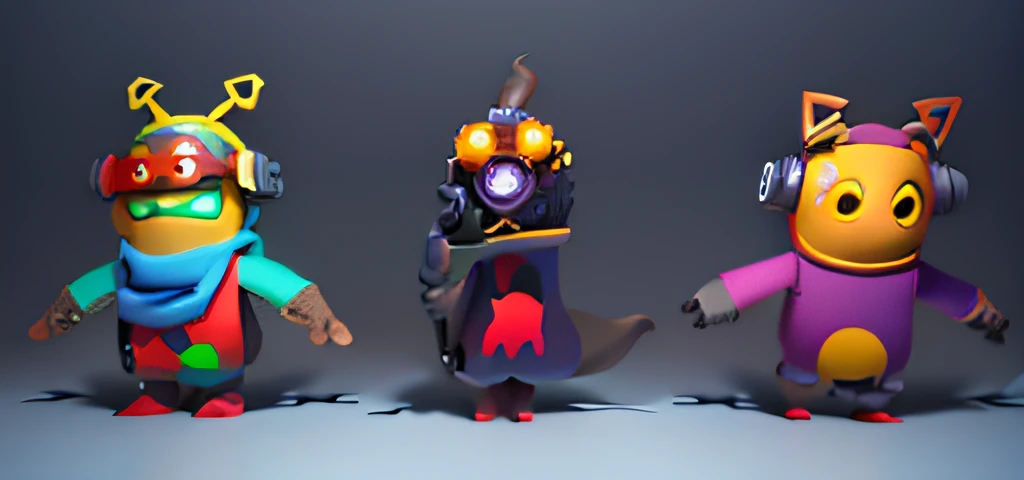 Three cartoon monsters wearing headphones and scarves lined up, stylized character, Stylized 3 D, merged character, 3 d render stylized, painted in zbrush, stylized as a 3d render, cartoon creature, colored zbrush render, zbrush sculpt colored, stylized pbr, character sculpt, Stylized character design, made with zbrush,toon rendering --auto