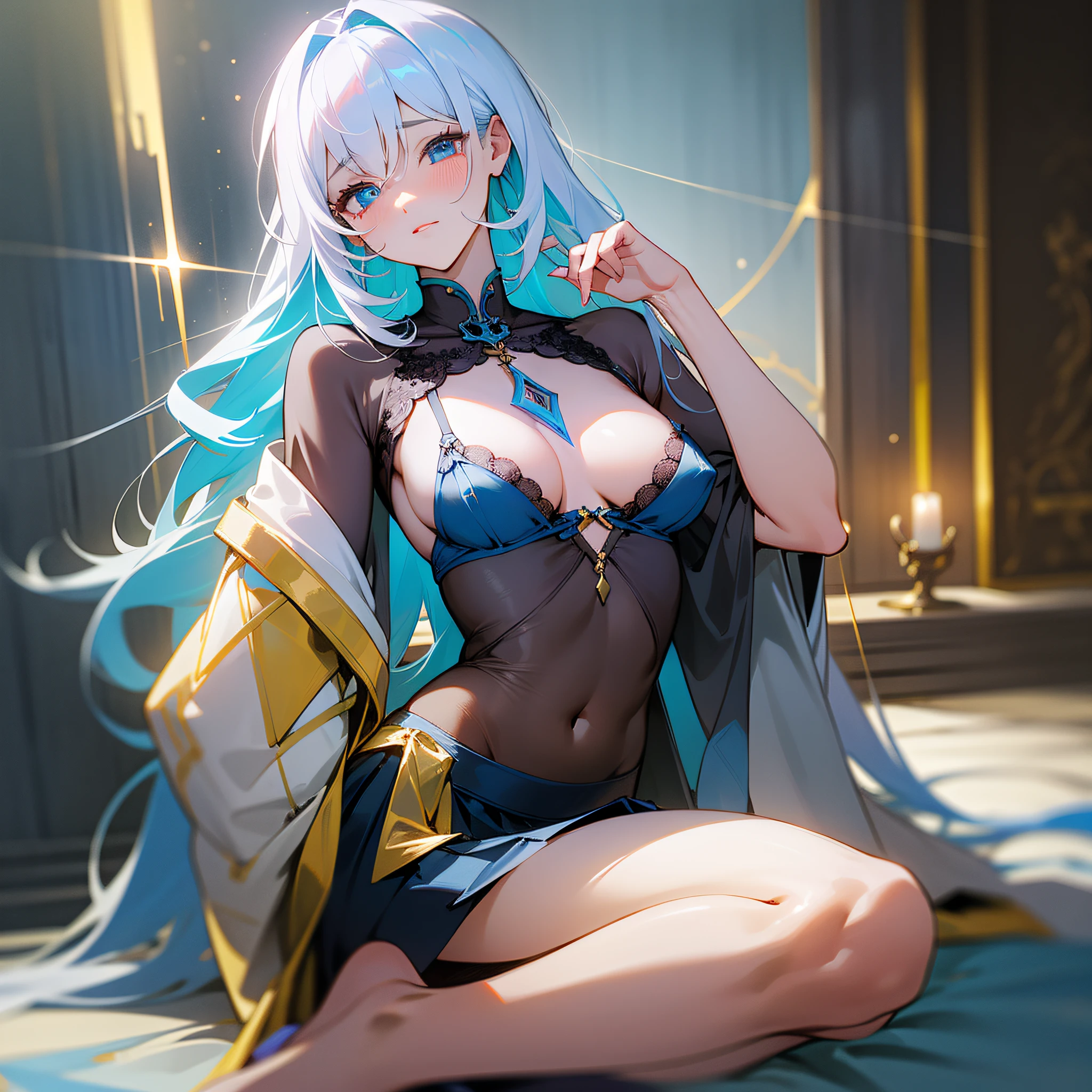 Works of masters，Best image quality，超高分辨率，Open the ，sorceress woman，long whitr hair，white colors，A patient expression，vacant eyes，blue colors，exposing her chest，The large，Erotic lingerie，lifting up skirt，Creampie，8K分辨率，Peerless beauty，Hair is depicted in detail，Small nose，exquisite lighting and shadows，The facial features of the golden ratio，k hd，with light glowing，White glowing particle effect，（rich colours），bare-legged，is inserted，Creampie，Obscene lines on the lower abdomen