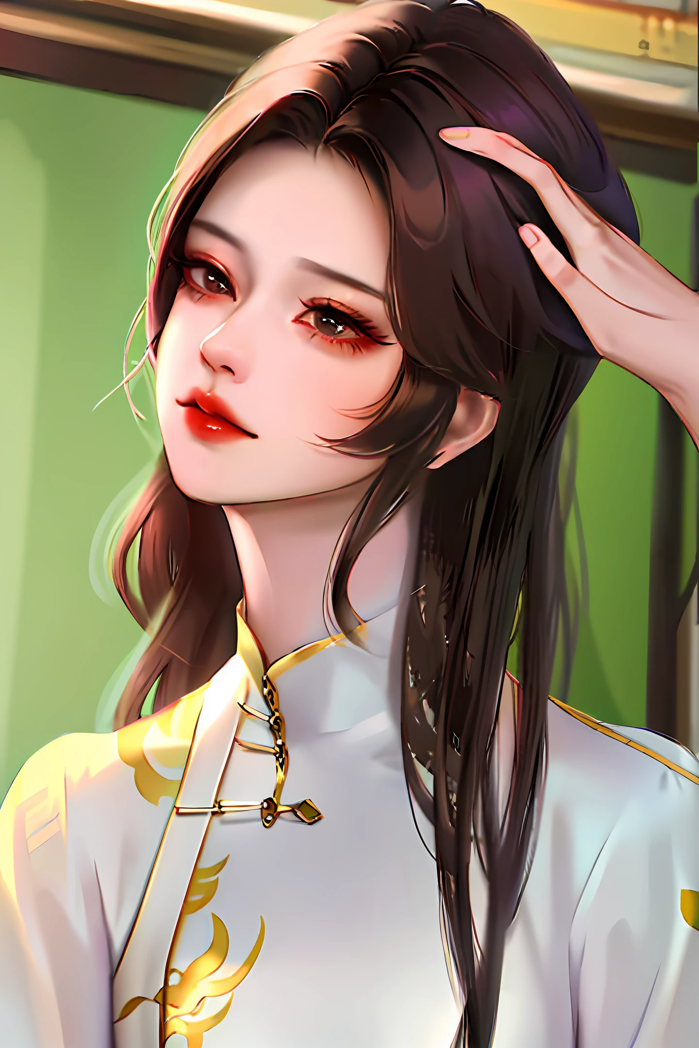 woman,A half body,on cheongsam,glomy,head looking up,Hold the cheeks,Republican style