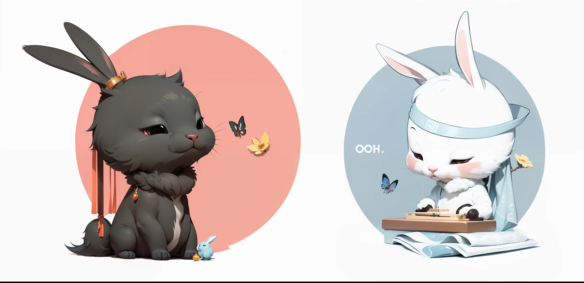 (tmasterpiece), (Need), (super-fine), (full bodyesbian:1.2), ultra cute,, by Pixar, The gray rabbit plays the flute，White rabbit playing guzheng, It's a big eye-catcher, fluffly, ssmile, Delicate and delicate, Fairytales, Incredibly high detail, pixar-style, bright color palette, Natural soft light, Simple background in solid color, Octane rendering, Trends on ArtStation, opulent, ultra-wide-angle, 8K, k hd, realisticlying