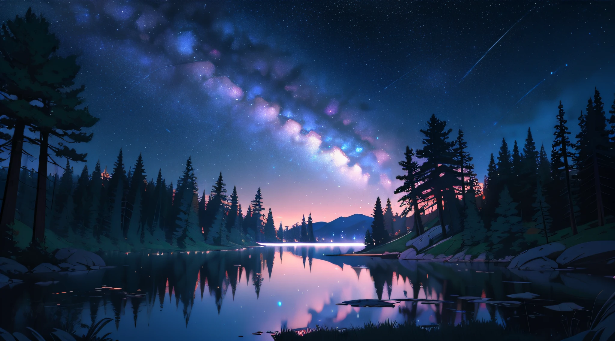 illustration, cartoon, soothing tones, calm colors, beautiful landscape, forest, lake, dark night, nabula, starry sky, shooting stars, 8k, best quality, by ilya kuvshinov, by makoto shinkai