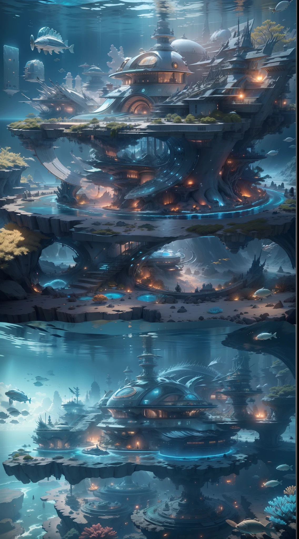 Enhanced dynamic perspective,ocean floor、Marine life、Beautiful coral reef、Nuclear submarine,Huge ring-shaped underwater city,optic,Works of masters,high qulity,4K分辨率,super-fine,Detailed pubic hair,Accurate,Cinematic lighting,