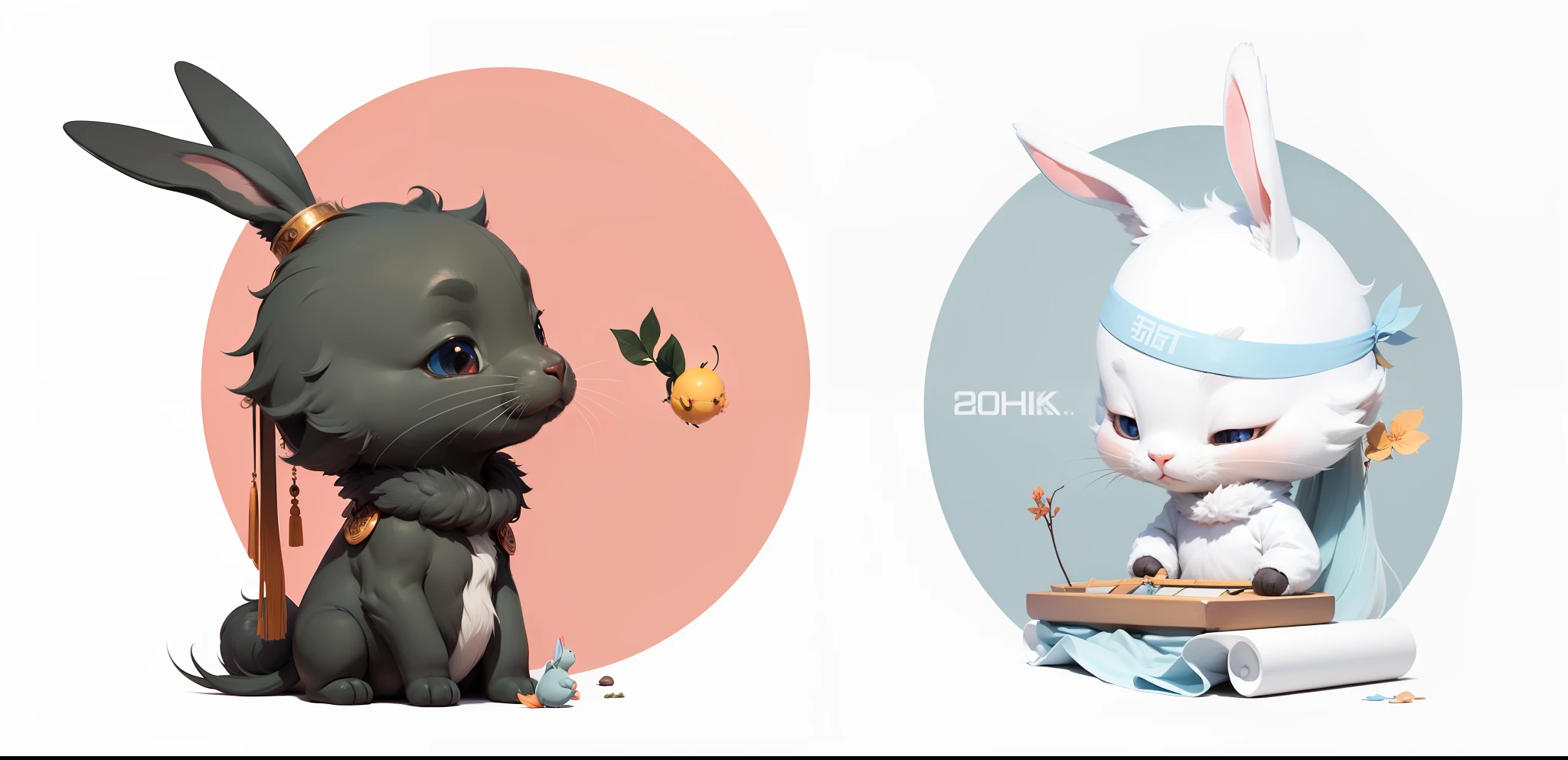 (tmasterpiece), (Need), (super-fine), (full bodyesbian:1.2), ultra cute,, by Pixar, The gray rabbit plays the flute,The little white rabbit plays the guzheng, It's a big eye-catcher, fluffly, ssmile, Delicate and delicate, Fairytales, Incredibly high detail, pixar-style, bright color palette, Natural soft light, Simple background in solid color, Octane rendering, Trends on ArtStation, opulent, ultra-wide-angle, 8K, k hd, realisticlying
