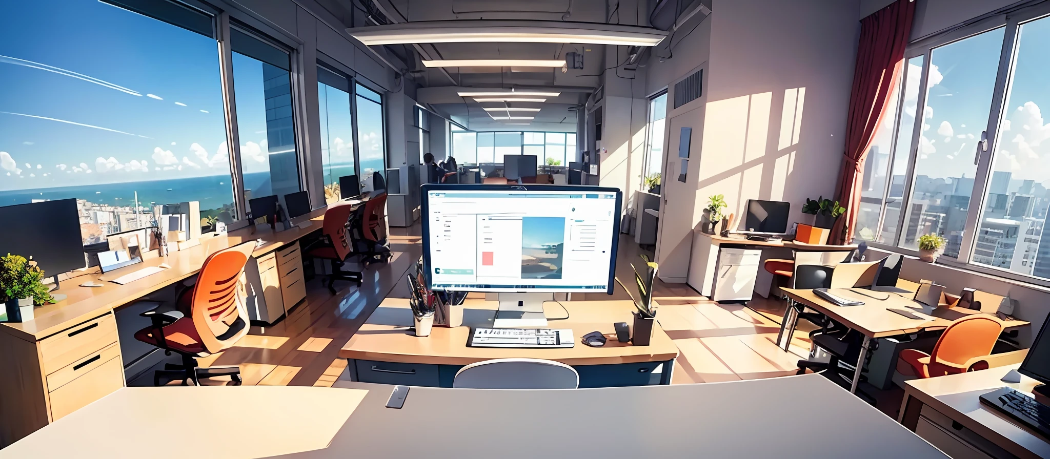 A lot of people are in the office,In front of the desk,Computer, Sky outside the window,In the daytime,and the sun was shining brightly,In the office, artstation hq, working in an office, At the office, office backdrop, in a open-space working space, in front of a computer, in a office, big desk