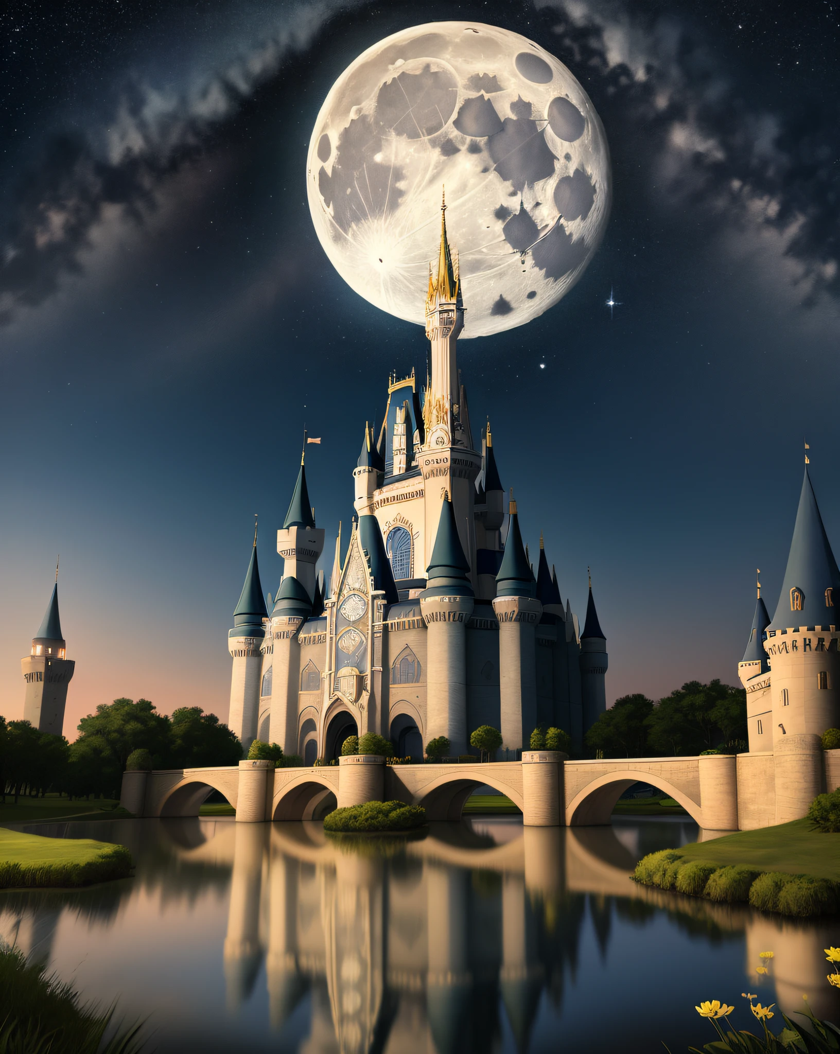 Starry Night、Cinderella's Castle、Big Moon、Small clouds、Moonlight、A tranquil lake that reflects the moon beautifully、Ultra-realistic scenes、detaileds、photorealisim、[There are no people]