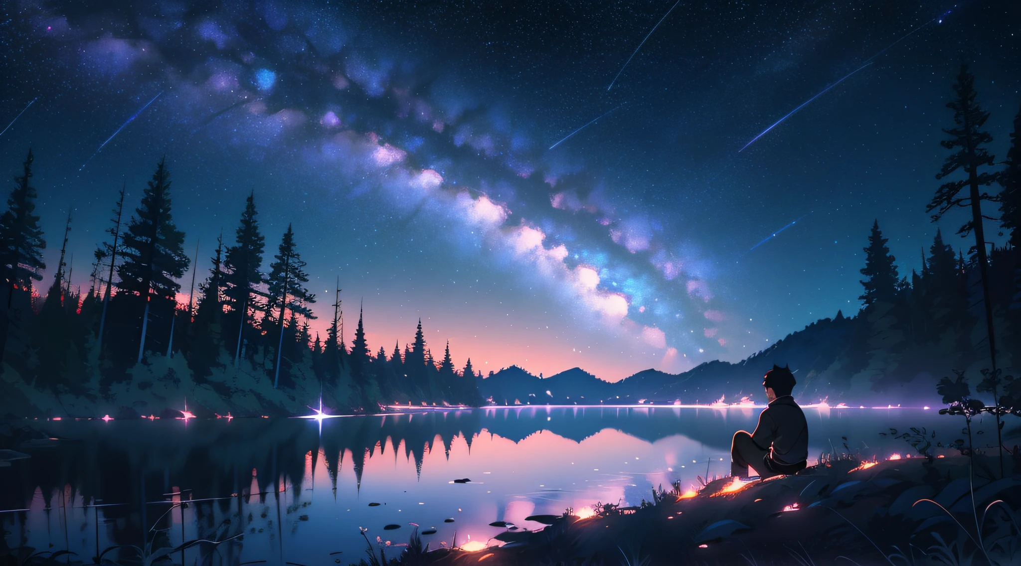 illustration, cartoon, soothing tones, calm colors, beautiful landscape, forest, lake, dark night, nabula, starry sky, shooting stars, 8k, best quality, by ilya kuvshinov, by makoto shinkai