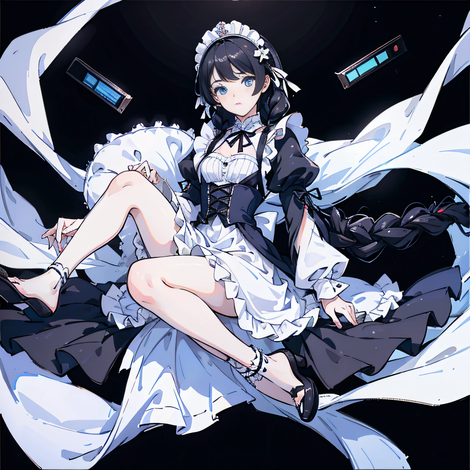 Girl, Black hair, Princess braids, Blue eyes, full body, ta, White silk, maid --auto