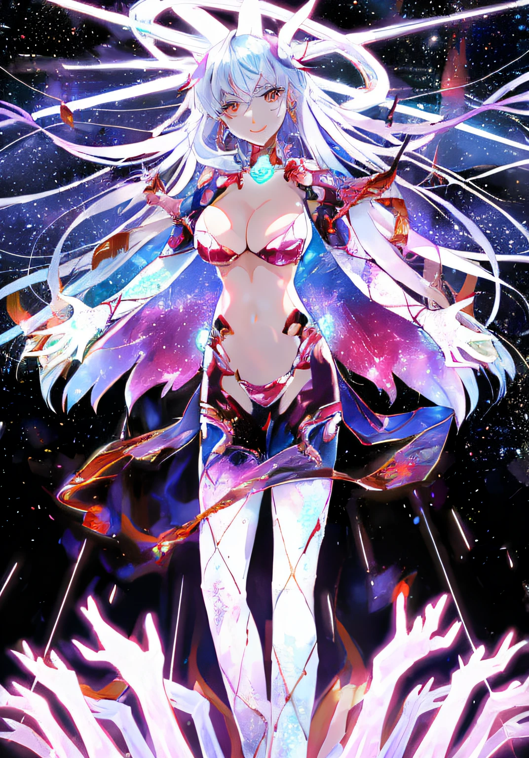Anime girl with long white hair and blue eyes standing in front of a starry sky, white-haired god, Anime goddess, cyborg goddess in cosmos, goddess of galaxies, anime girl with cosmic hair, astral fairy, galactic deity, goddess of space and time, ahegao, cosmic goddess, Beautiful celestial mage, Anime manga robot!! Anime girl, Digital art on Pixiv --auto