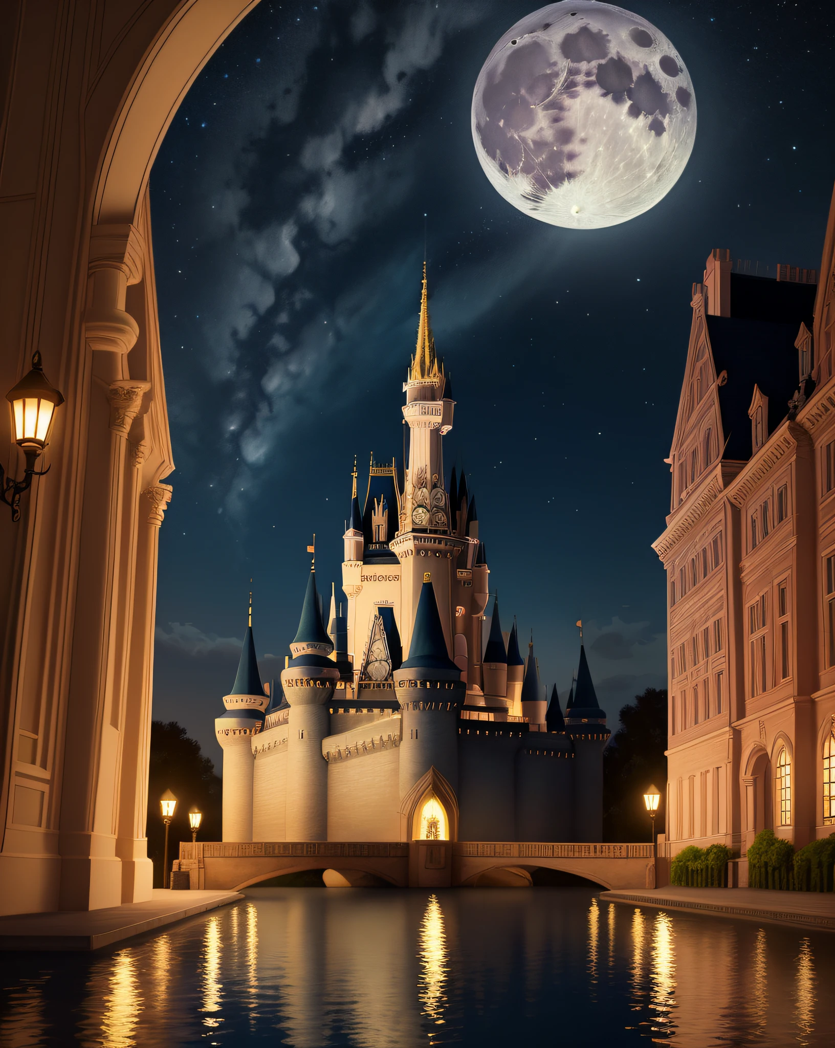 Starry Night、Cinderella's Castle、Big Moon、Small clouds、Moonlight、A tranquil lake that reflects the moon beautifully、Ultra-realistic scenes、detaileds、photorealisim、[There are no people]