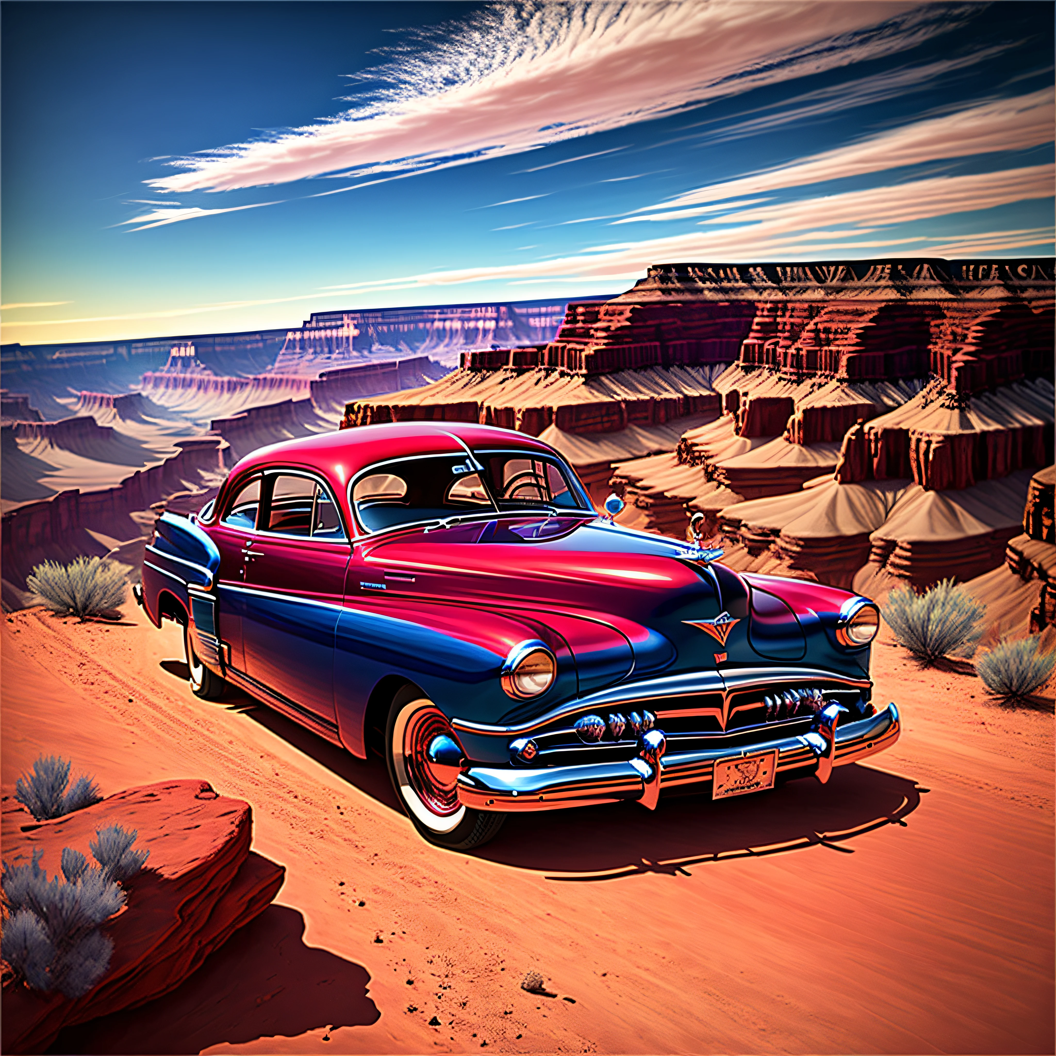 Mercury Eight custom 1949 Blue and dark red in the Grand Canyon with a sunset --auto