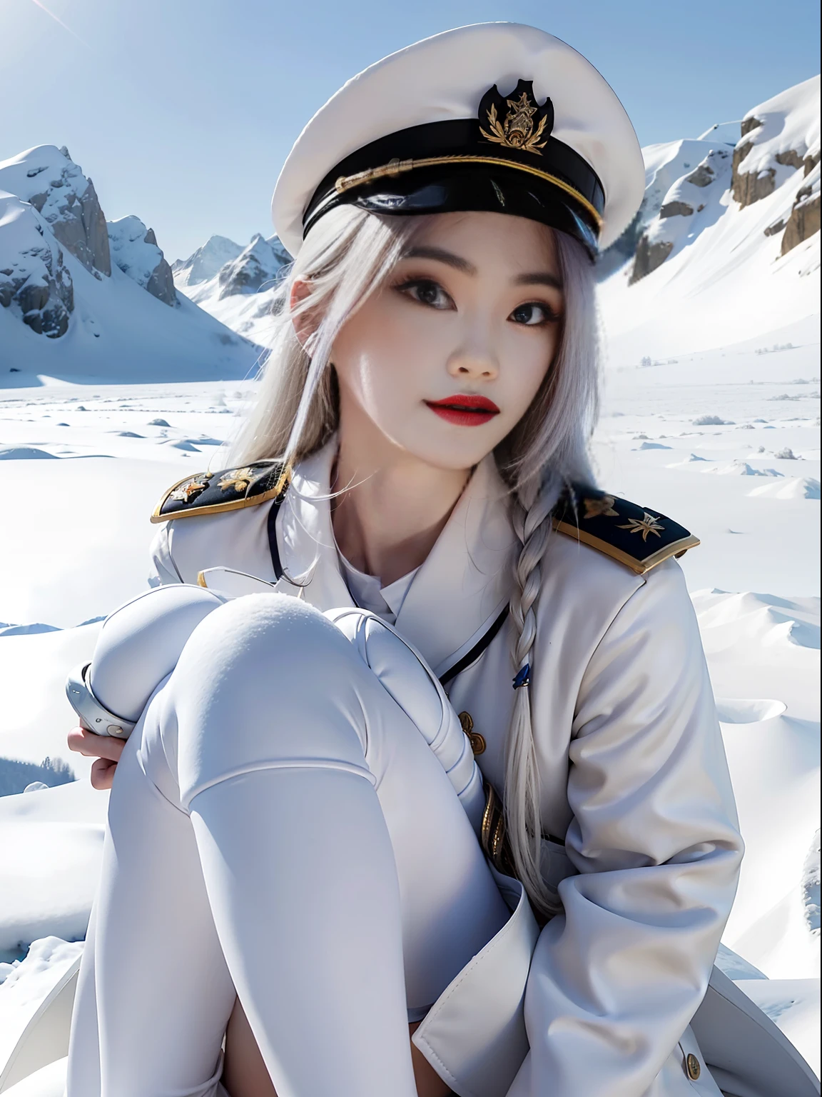 1girll, Female general, Delicate and beautiful face, Be red in the face, Blue pupil，White long hair，Angry, parted lip, Voluptious body，White military uniform, White military cap，White boots，perfectly proportioned, Detailed clothing details, Snowy mountains，snowfield，Snowy weather，Cinematic lighting, filmgrain, Fuji colors, lightand shade contrast, 8K, Masterpiece, Textured skin, Super detail, high detal, High quality, A high resolution,