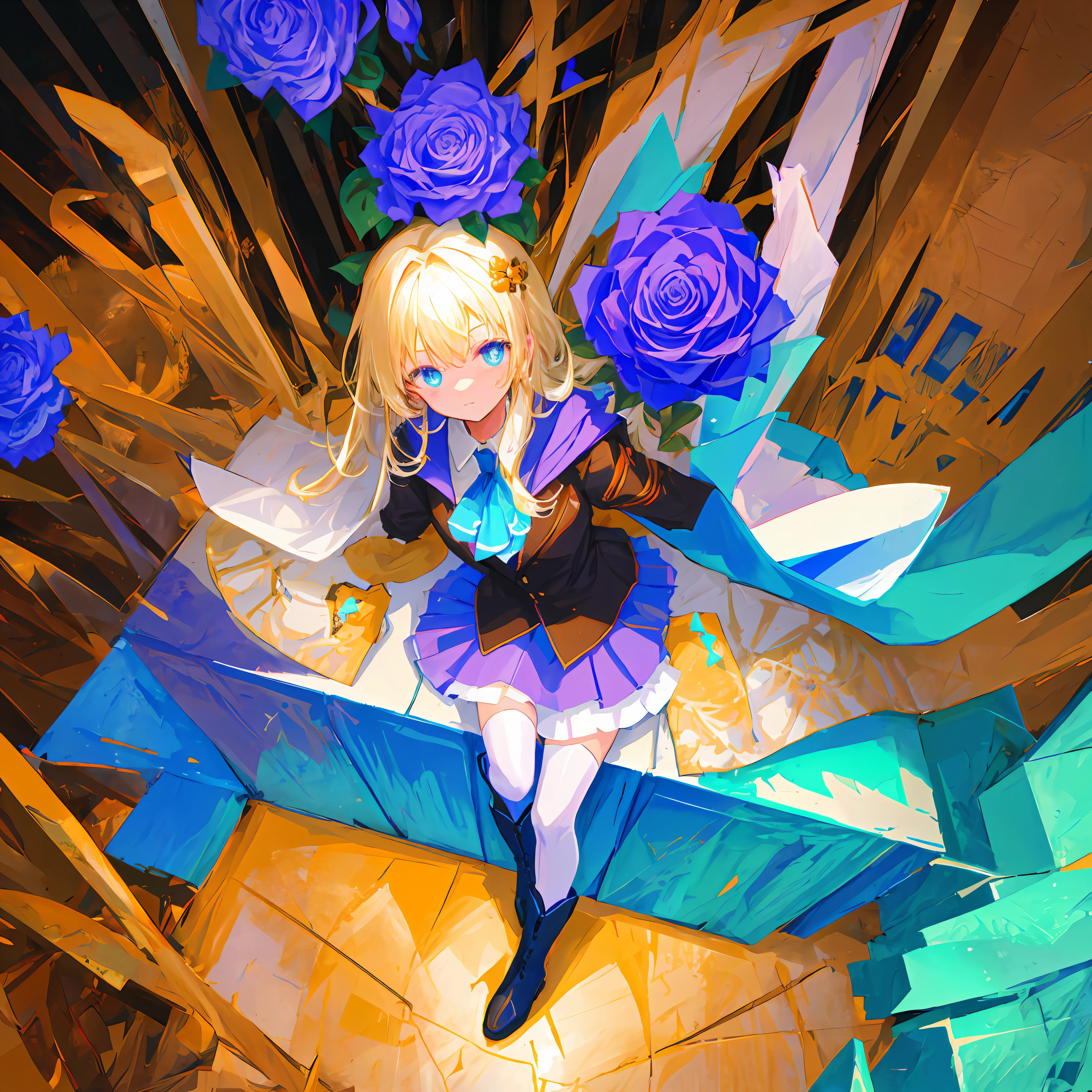 l Lori, Dragon's_banya, Bare gold_Hair, White_legwear, Blue_flower, Blue_Rose, Boots, Breasts, Coat, Crossed_Legs, flower, mitts, Jacket, Long_Hair, Looking_at_peeping at the viewer, purple_Rose, Rose, Sitting, Skirt, Solo, White_Footwear, (((Texas_\(arknight\)))), Light_Rays, Cloud, Dust, glowworm, Glowing, Light_Particle, sky, Telescope, ((illustration)),(((Masterpiece))),((Best quality)),(high resolution), hignity 8k wallpaper,(Beautiful detailed eyes),(detailedlight),(A high resolution),Chiaroscuro,Sunlight, bblurry_censor, Blurry, Blurry_Background, Blurry_foreground, Bokeh, ((colours_aberration)), Depth_af_Field, film_grain, Focused, Exercise_bblurry, Photo_\(mediating\), Light_Rays, Dust, glowworm, Glowing, Light_Particle, Future Style \(module\), during night, Neon lights, haze, moss, ultrawide_Angle, (((From above))), Movie Angle, Wide_Shot, Very_Wide_Shot, full_Body,