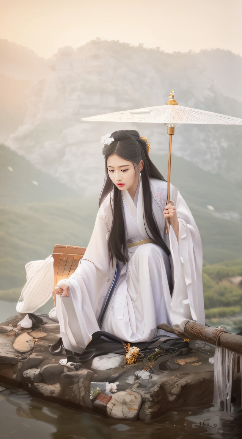 An Arad woman in a white dress sits on a rock，Holding an umbrella, White Hanfu, Palace ， A girl in Hanfu, Hanfu, Wearing ancient Chinese clothes, flowing hair and long robes, wearing a long flowing robe, with acient chinese clothes, zhang daqian, Beautiful image, inspired by Gu An, xianxia fantasy, Traditional Chinese clothing