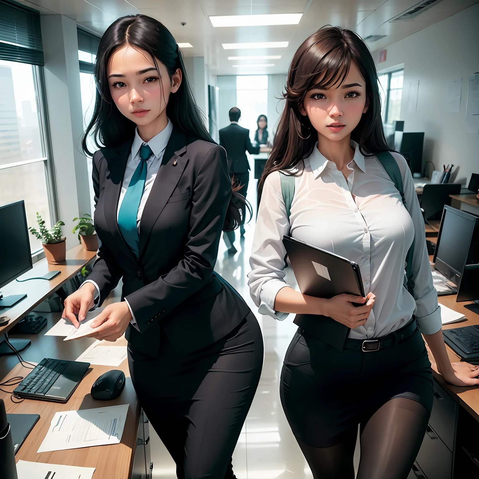 In a spacious and bright office,Two staff members were dressed in formal attire,Explore the challenges at work,Pleasant expression,Hold documents in hand --auto