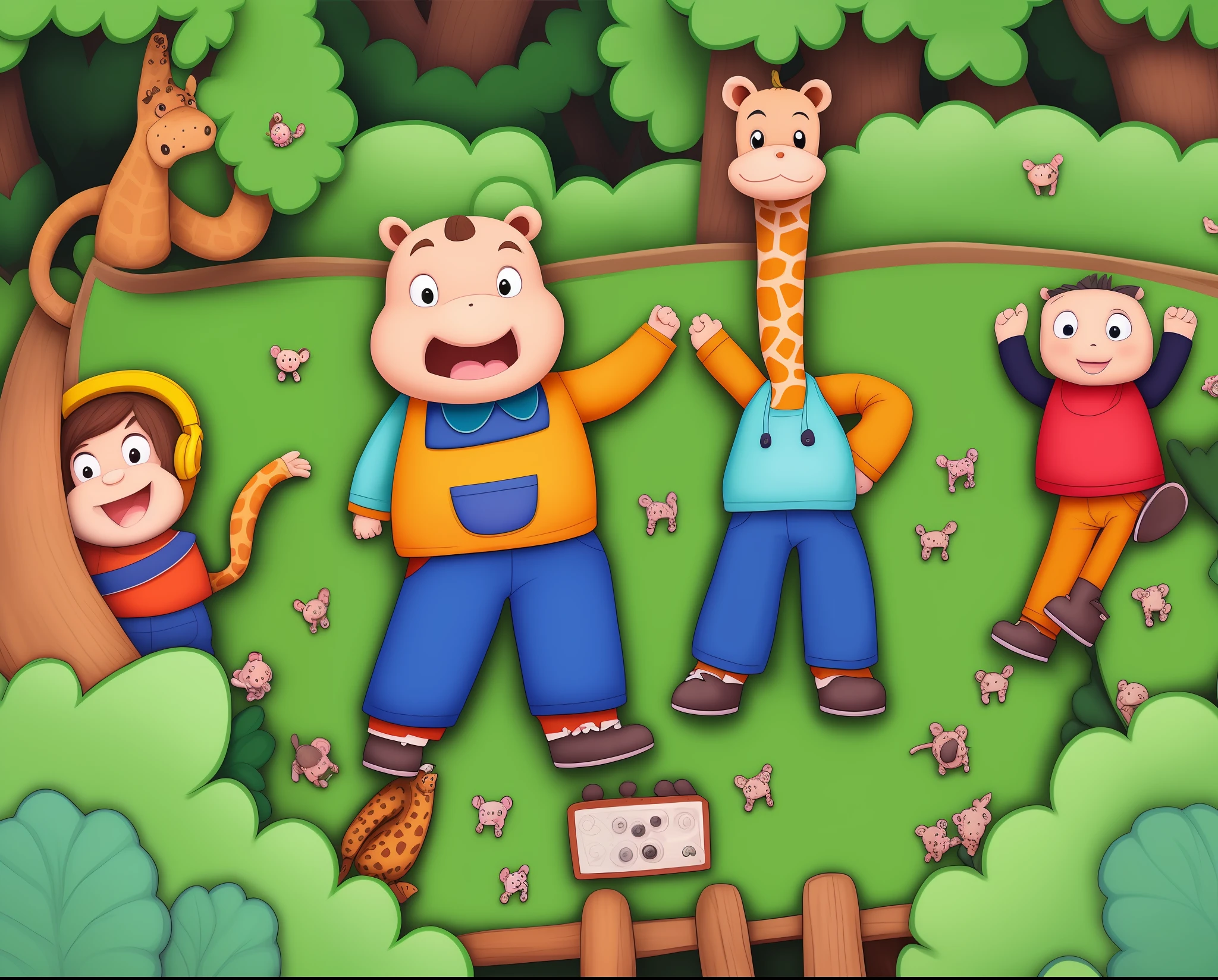 Children's drawing,In the forest,Mr. Giraffe,Mr. Hippo,monkeys,little bear,Listen to music on the grass,with large trees,zaun
