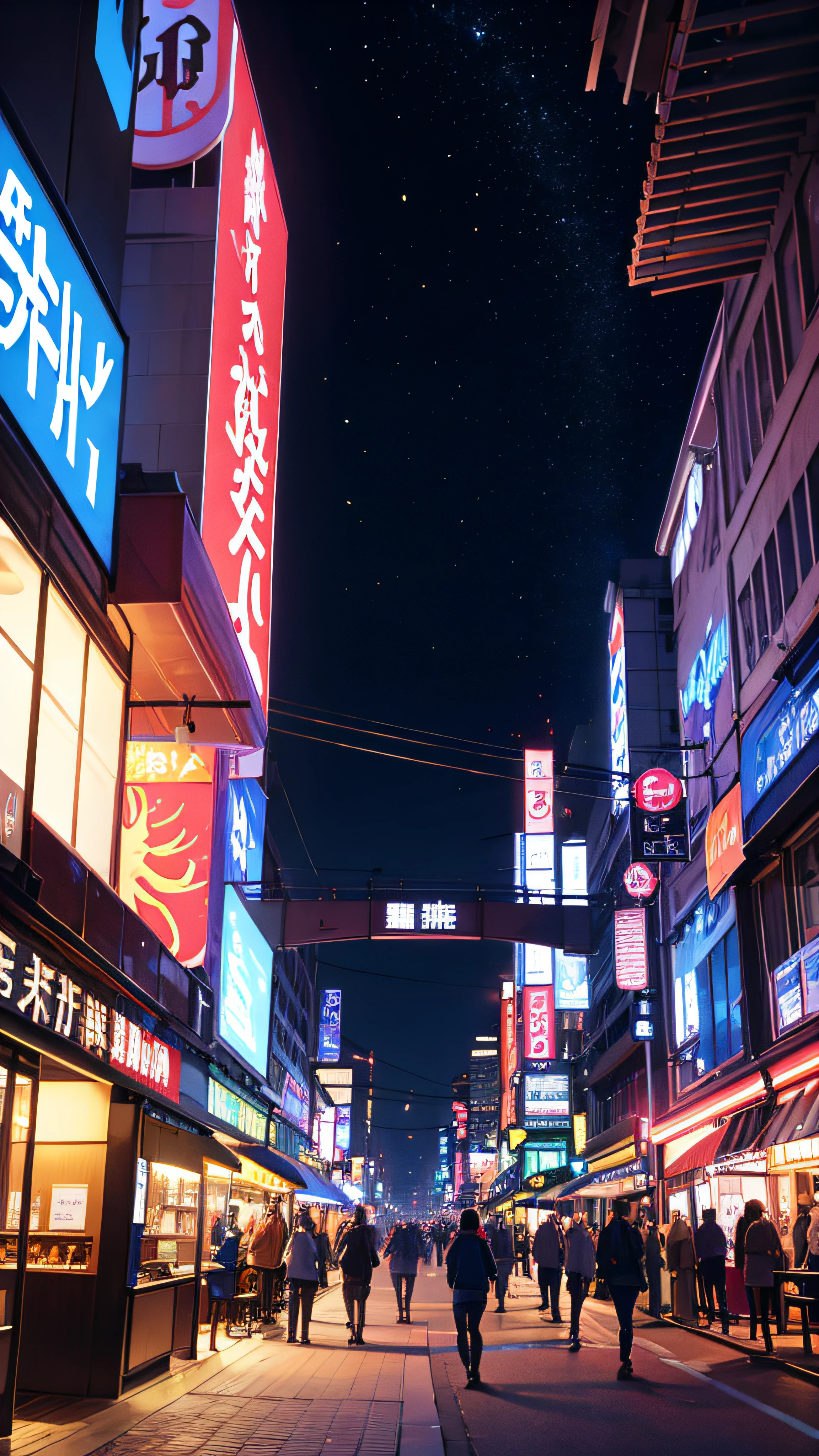 Night Downtown,stall,rays of black light, 1人, outside, Night, City lights,