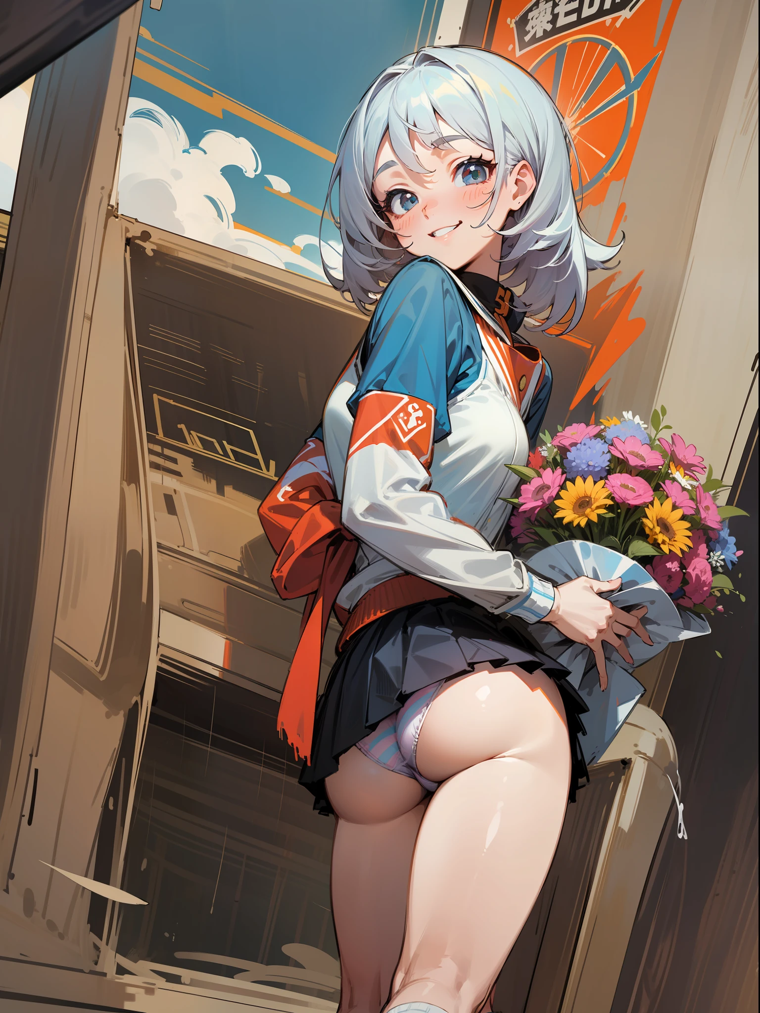master piece, hyper quality, Hyper Detailed, Perfect drawing,Solo, High School Girl, 校服, Miniskirt: (0.8),((Holding a large bouquet)), butt sticks out, Big round buttocks, Standing figure, ((Panties are slightly visible)), Tanned skin: (1.2), Cute smile, Cheeky smile, Sunburn scars: (1.5), ( ((Buggy socks))), Shooting from diagonally below, Beautiful background, meticulous drawing, Accurate drawing.